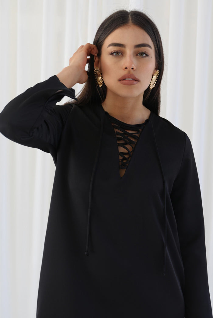 Samiha Satin Kaftan Dress - Black