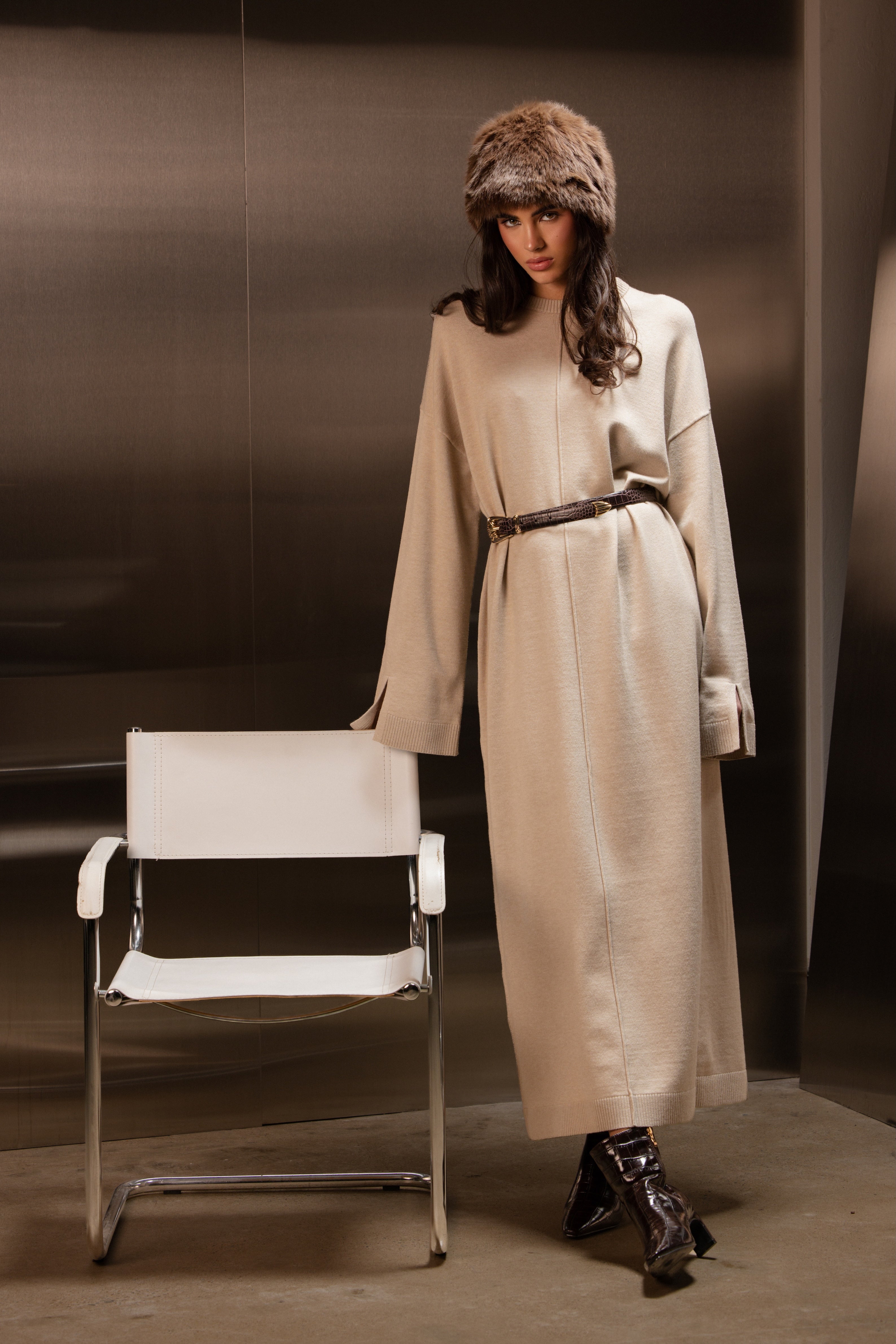 Mock Neck Knit Abaya - Oat