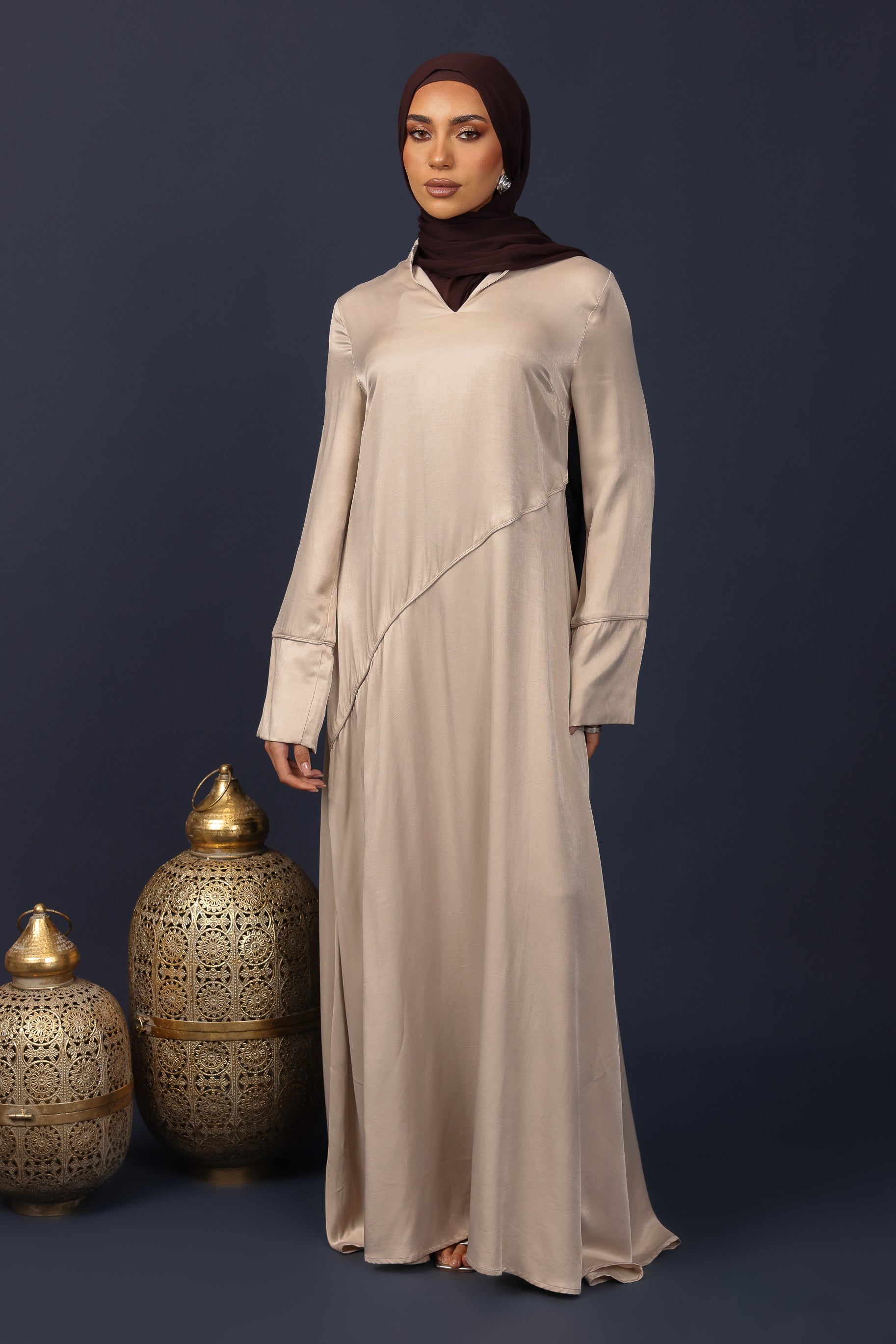 Adara Asymmetric Satin Abaya - Latte