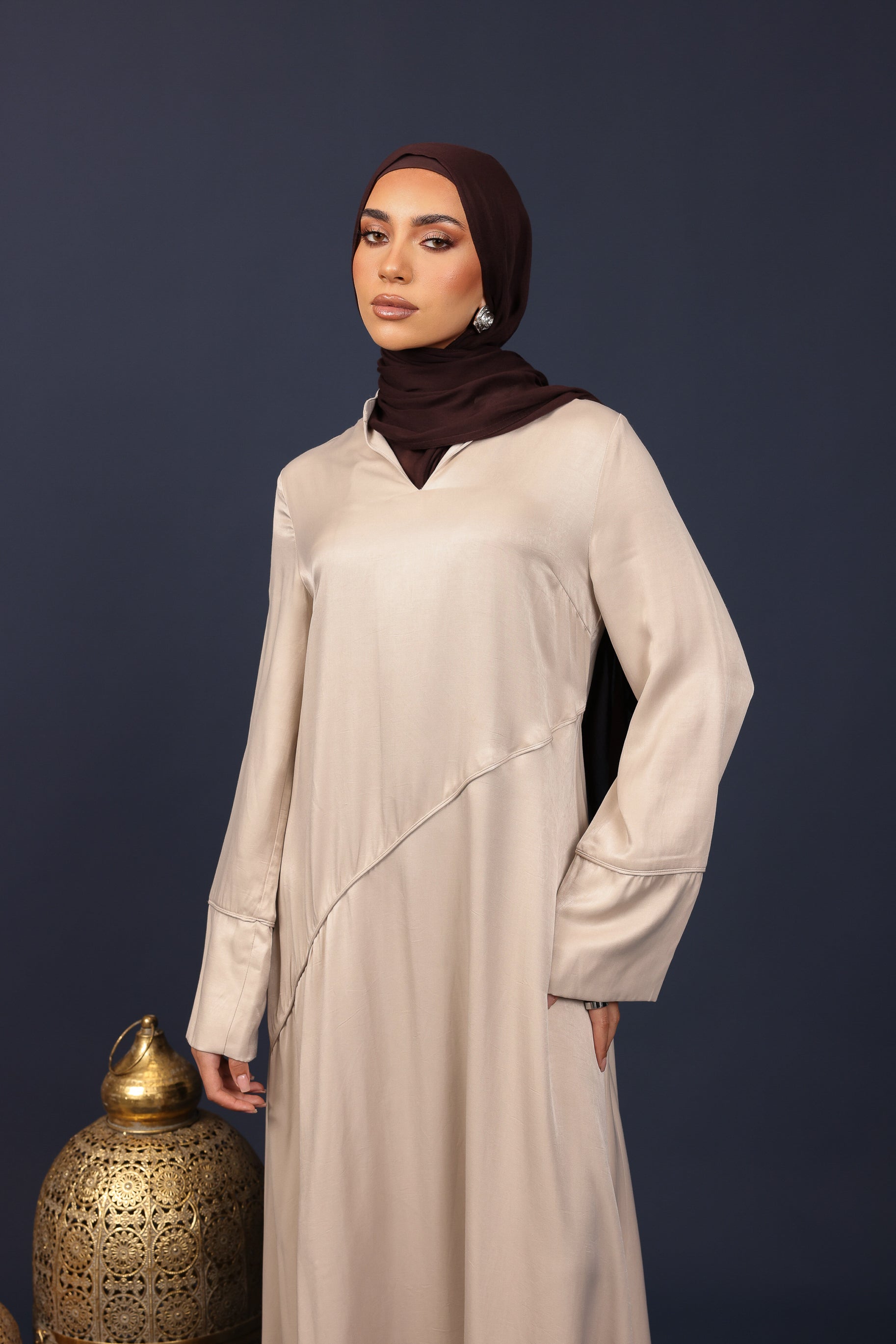 Adara Asymmetric Satin Abaya - Latte