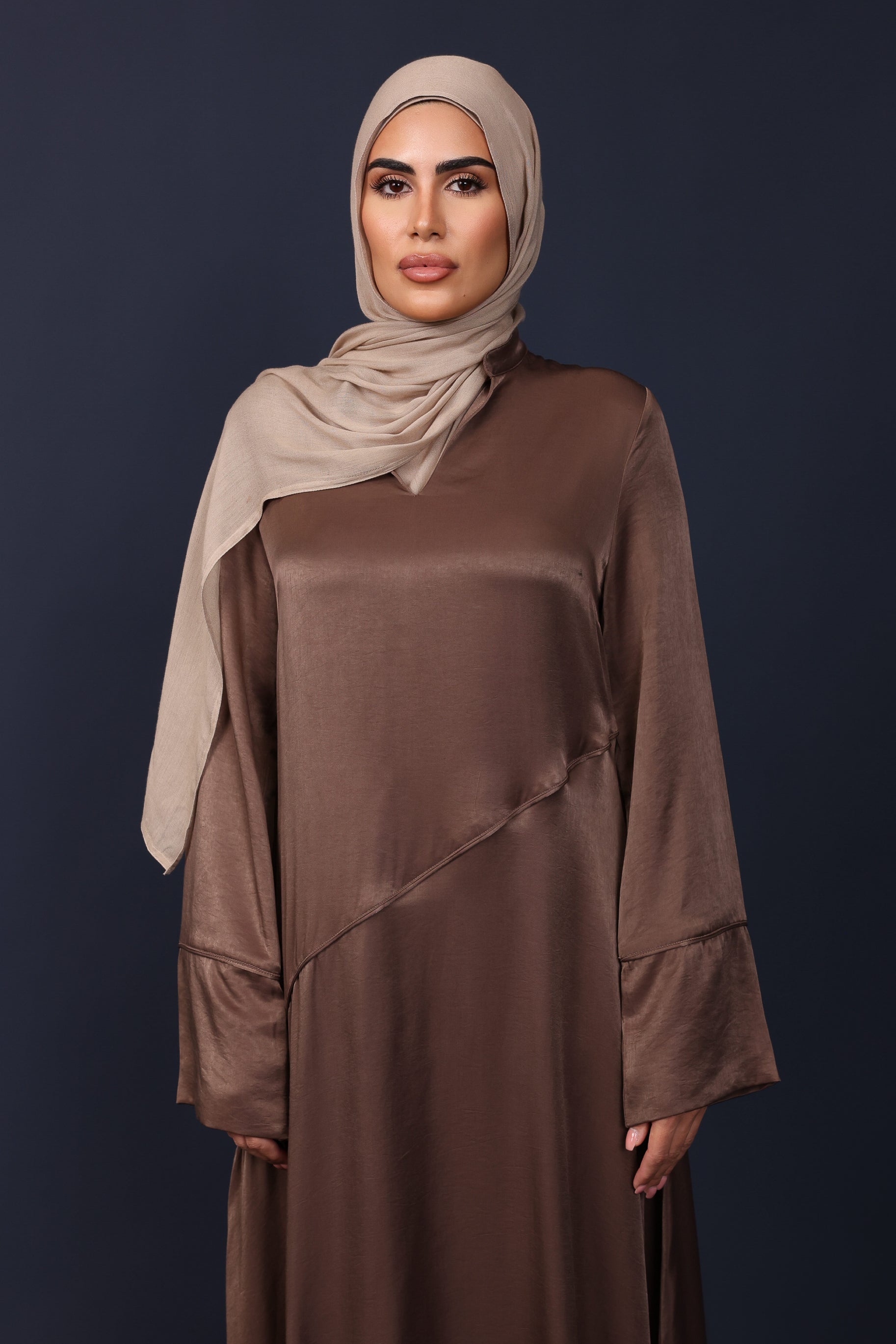 Adara Asymmetric Satin Abaya - Oak Brown