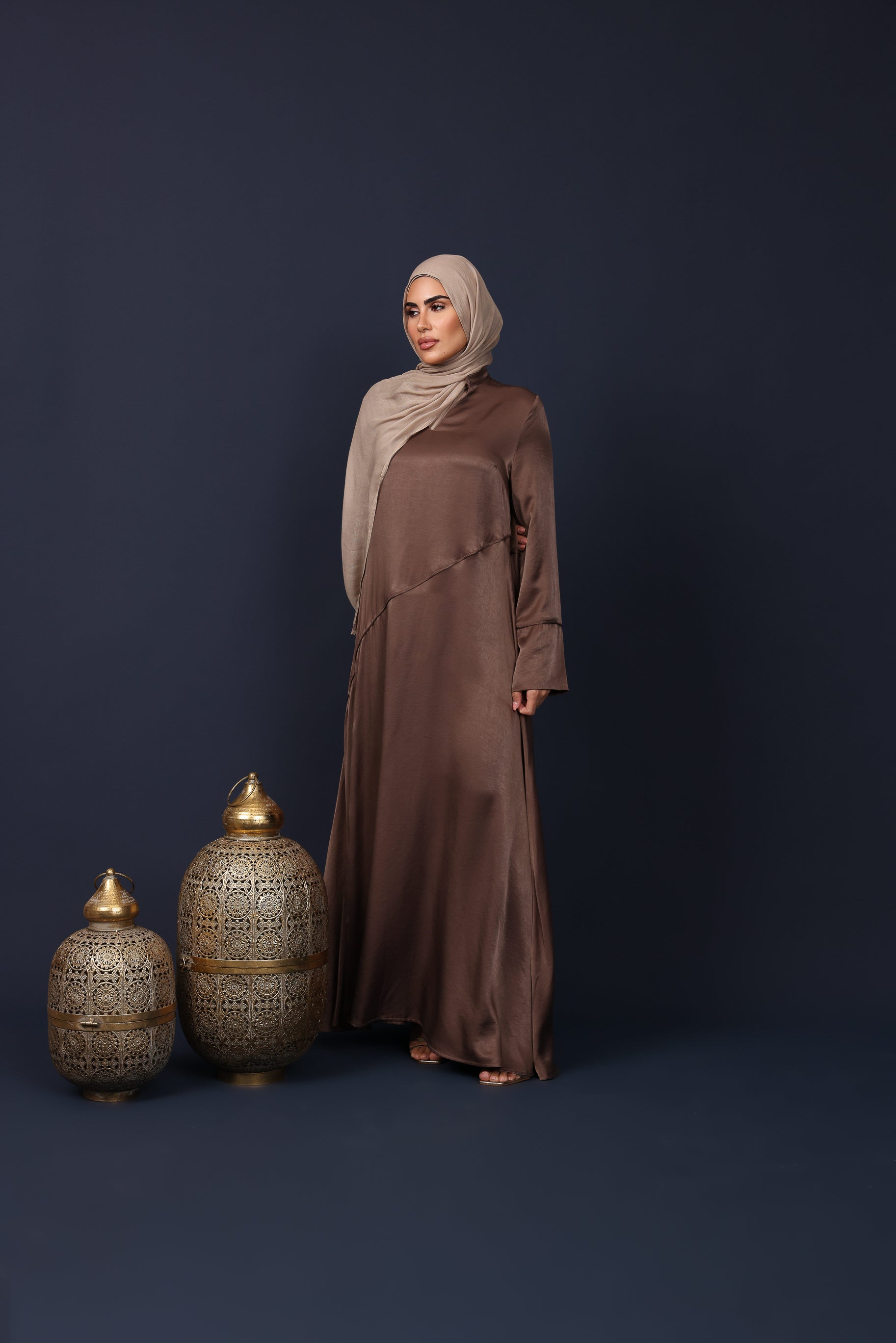 Adara Asymmetric Satin Abaya - Oak Brown