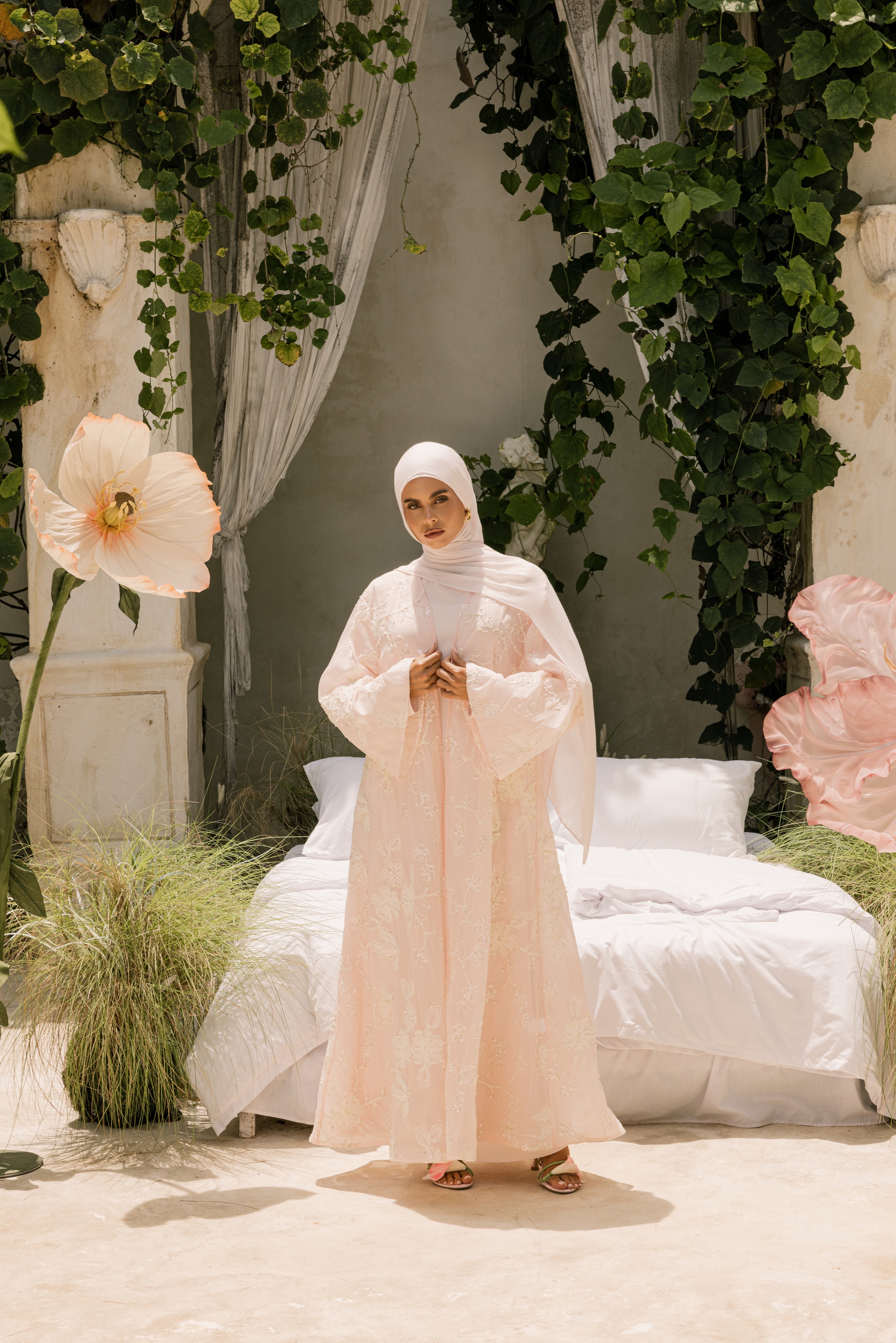 Sheer Embroidered Abaya - Pink