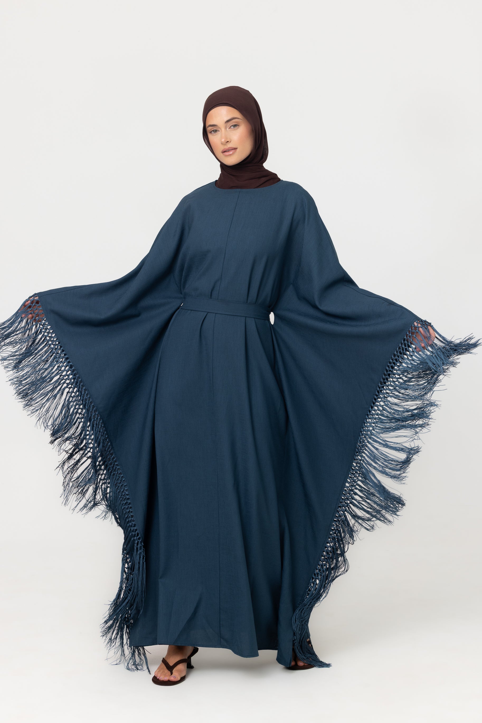 Fringed Batwing Abaya - Crystal Teal