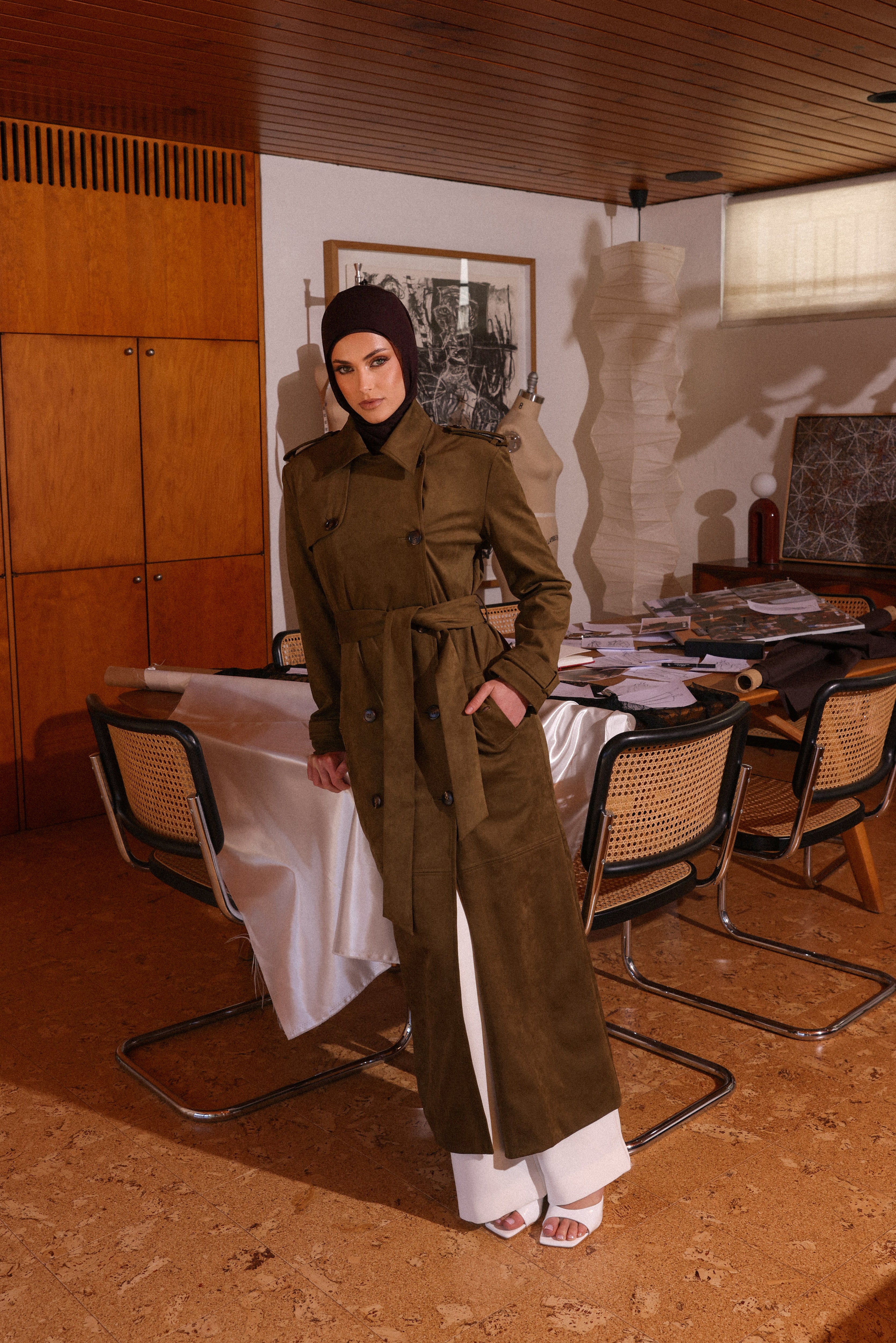 Soraya Suede Trench Coat - Olive