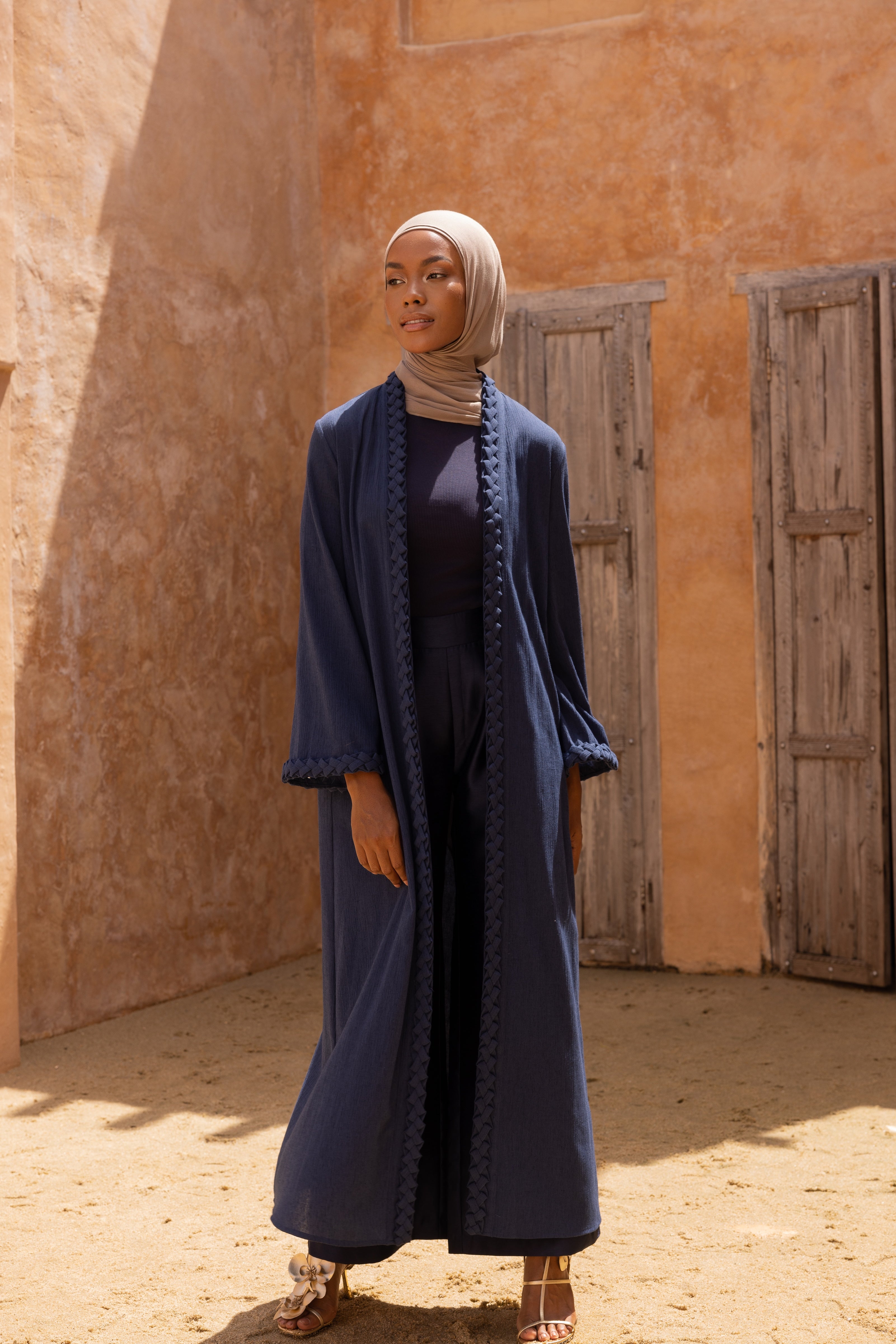 Braided Open Abaya - Navy