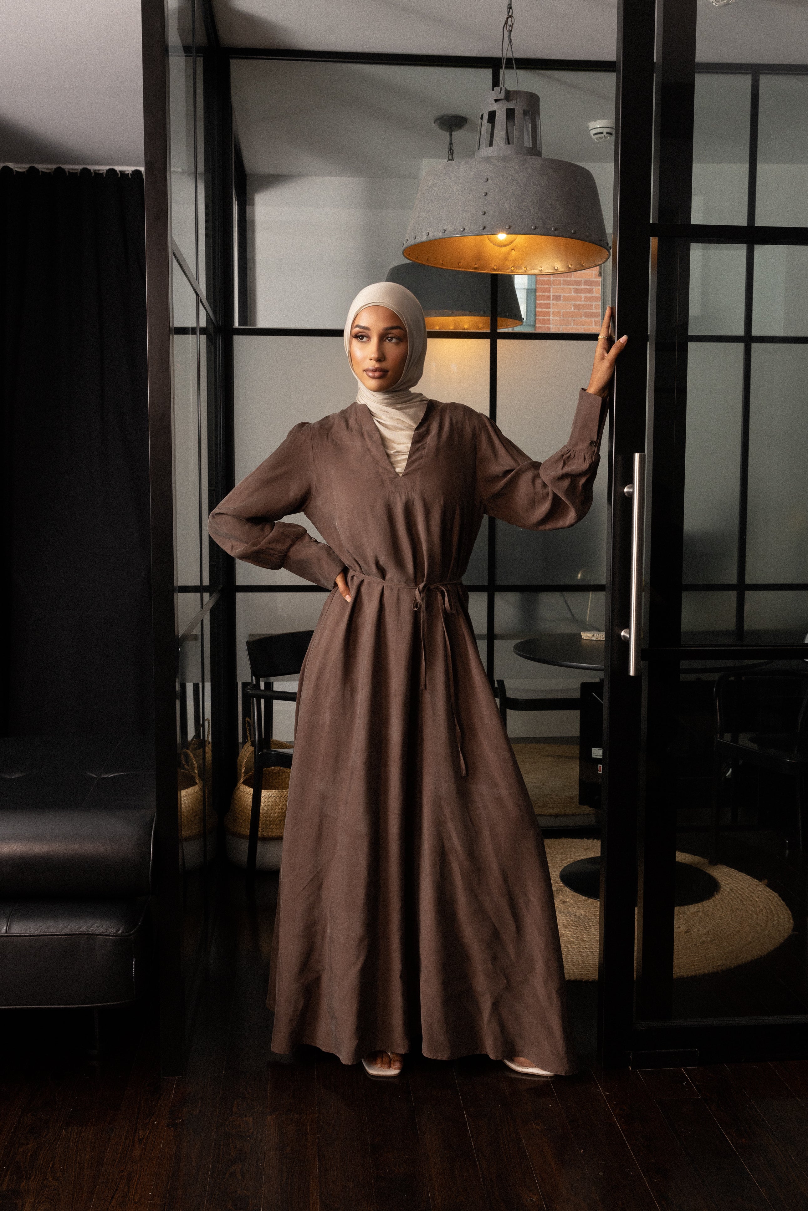 Cupro V Neck Abaya - Oak