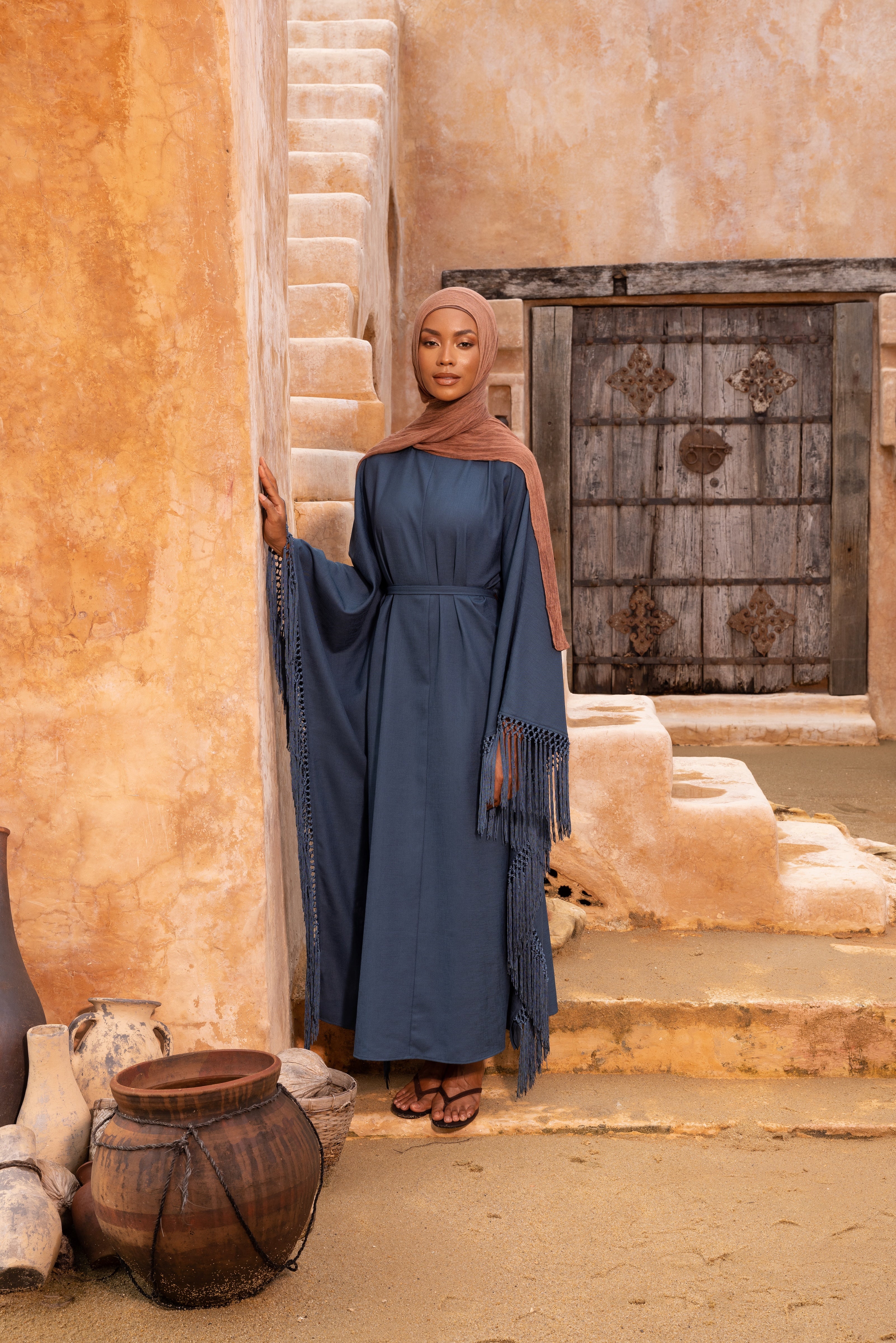 Fringed Batwing Abaya - Crystal Teal