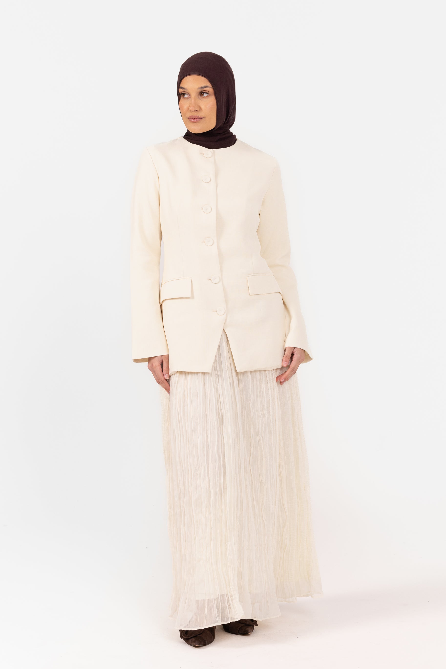 Lunar Tailored Dress with Pleat Skirt - Cream