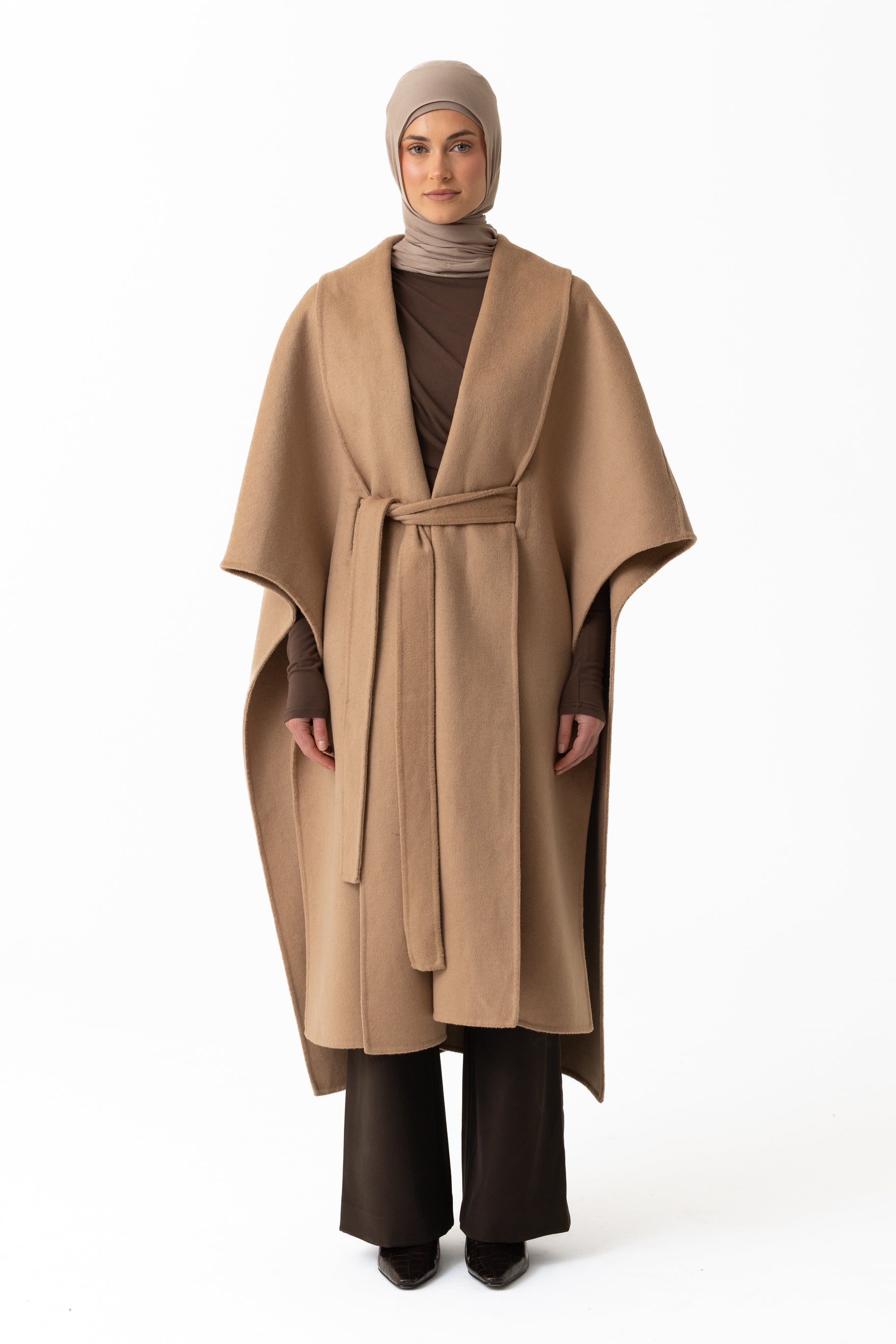 Wool Belted Poncho - Camel