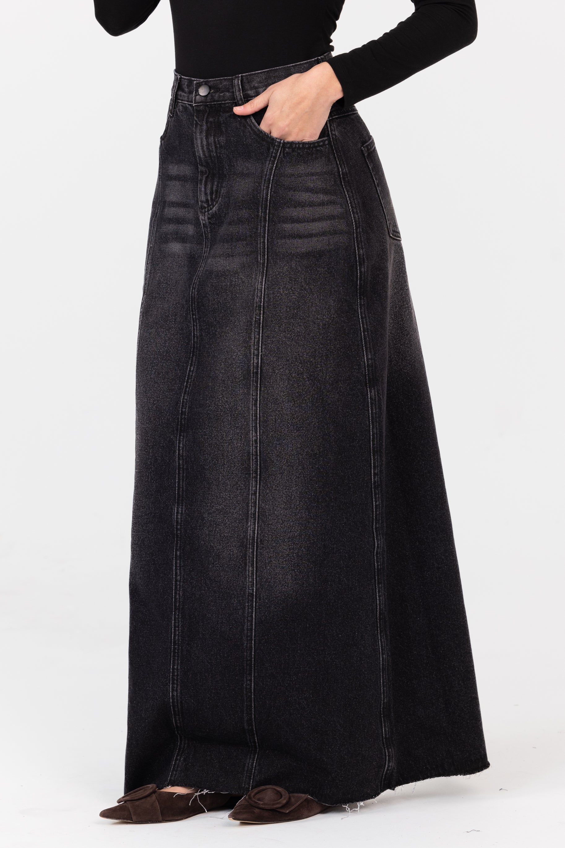 Denim Panelled Skirt - Black