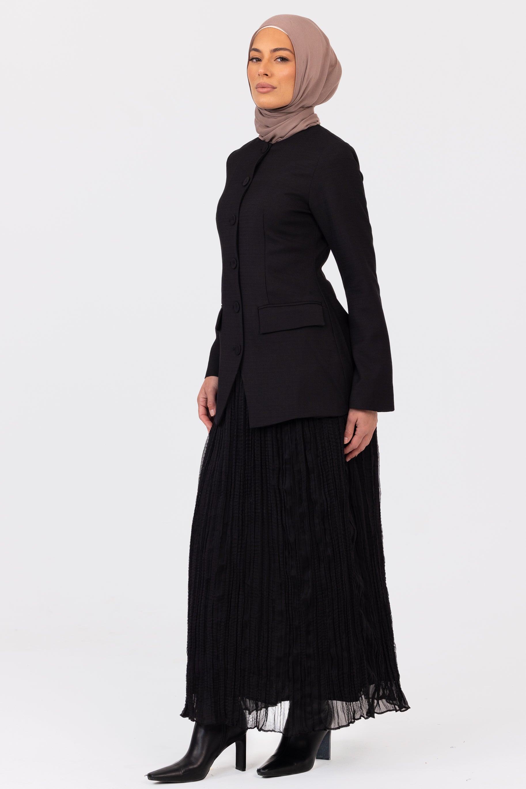 Lunar Tailored Dress with Pleat Skirt - Black