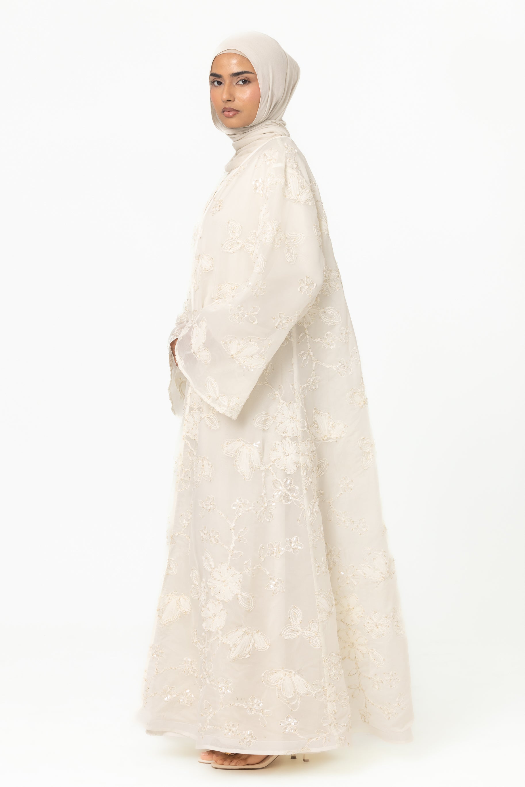 Sheer Embroidered Abaya - White
