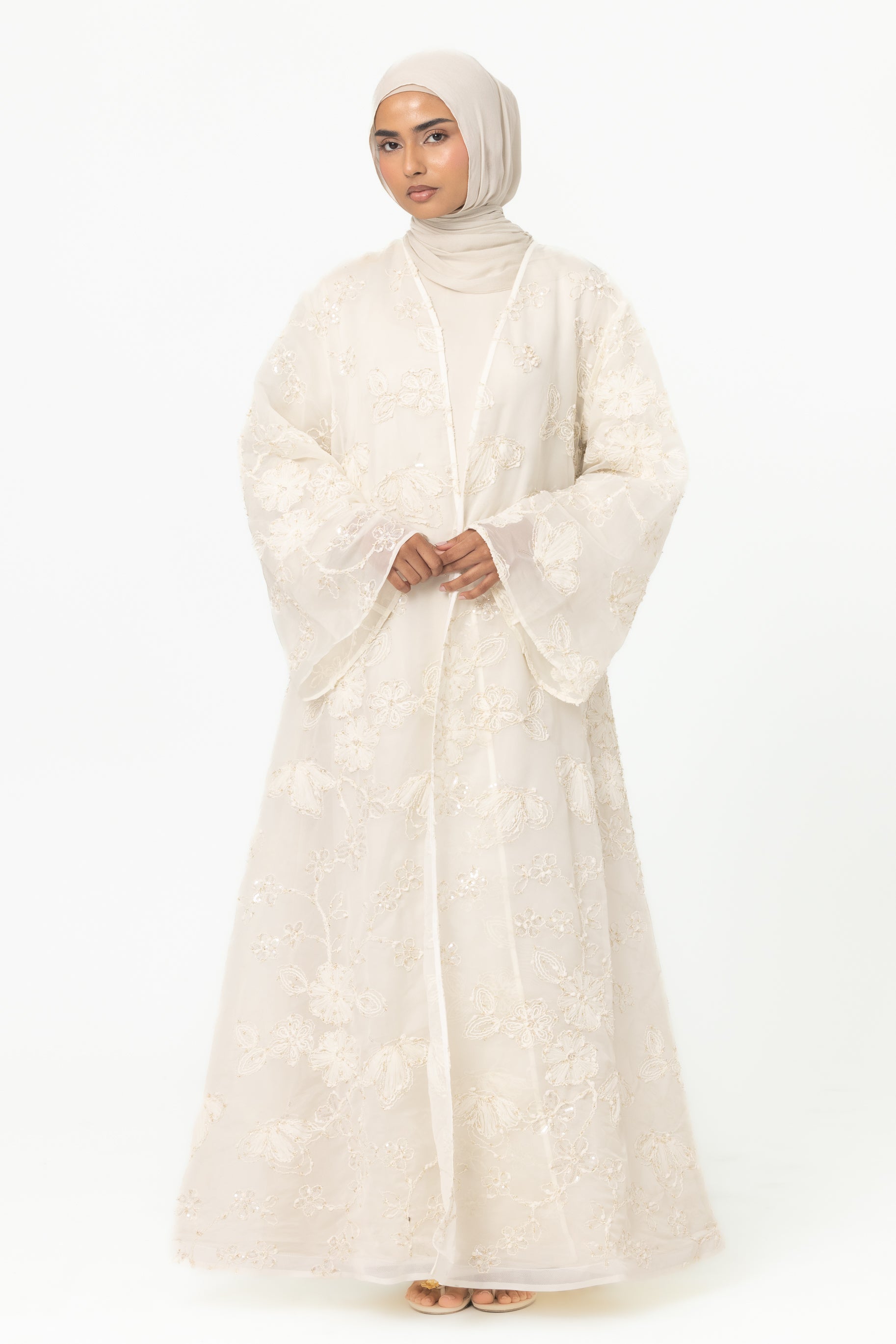 Sheer Embroidered Abaya - White