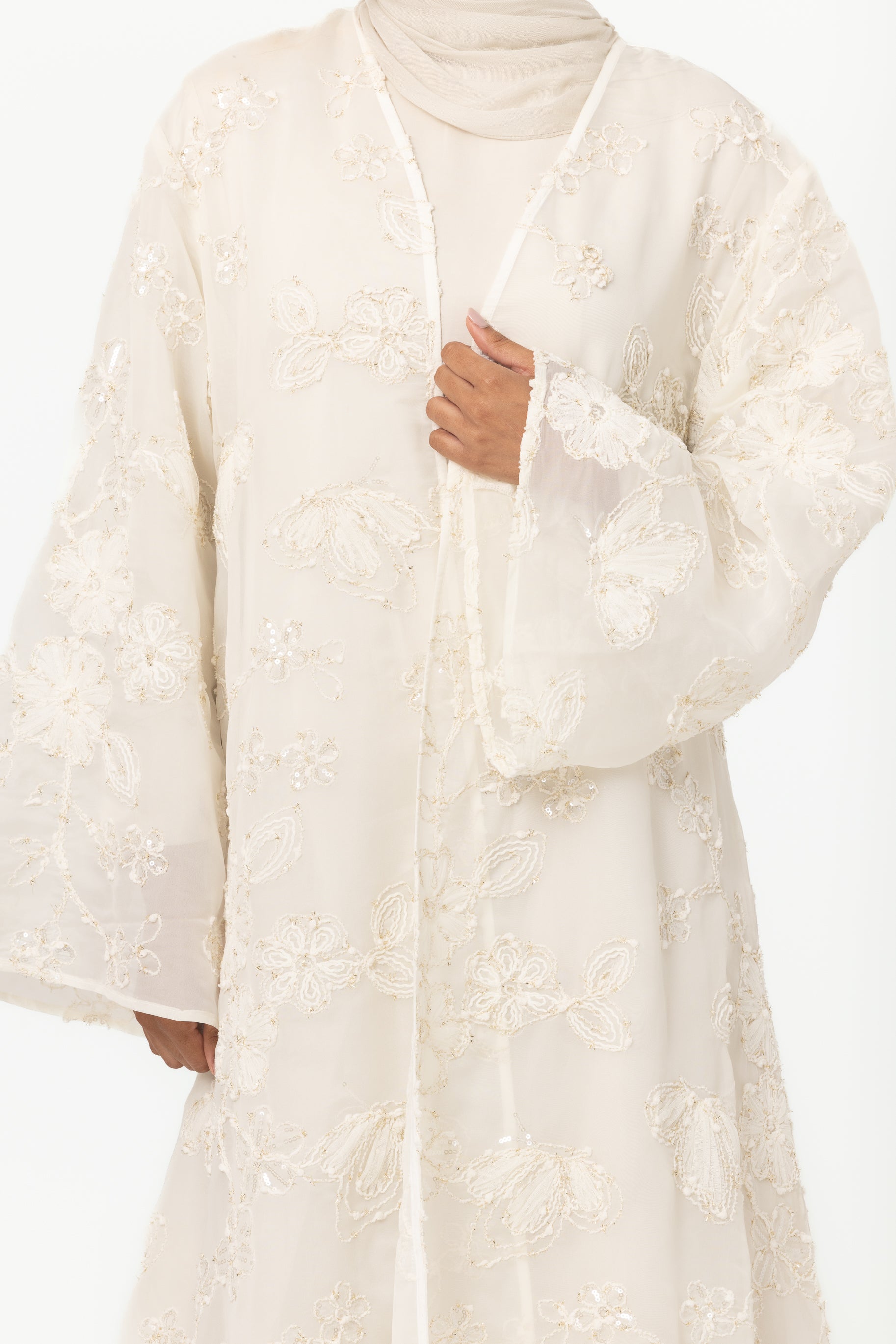 Sheer Embroidered Abaya - White