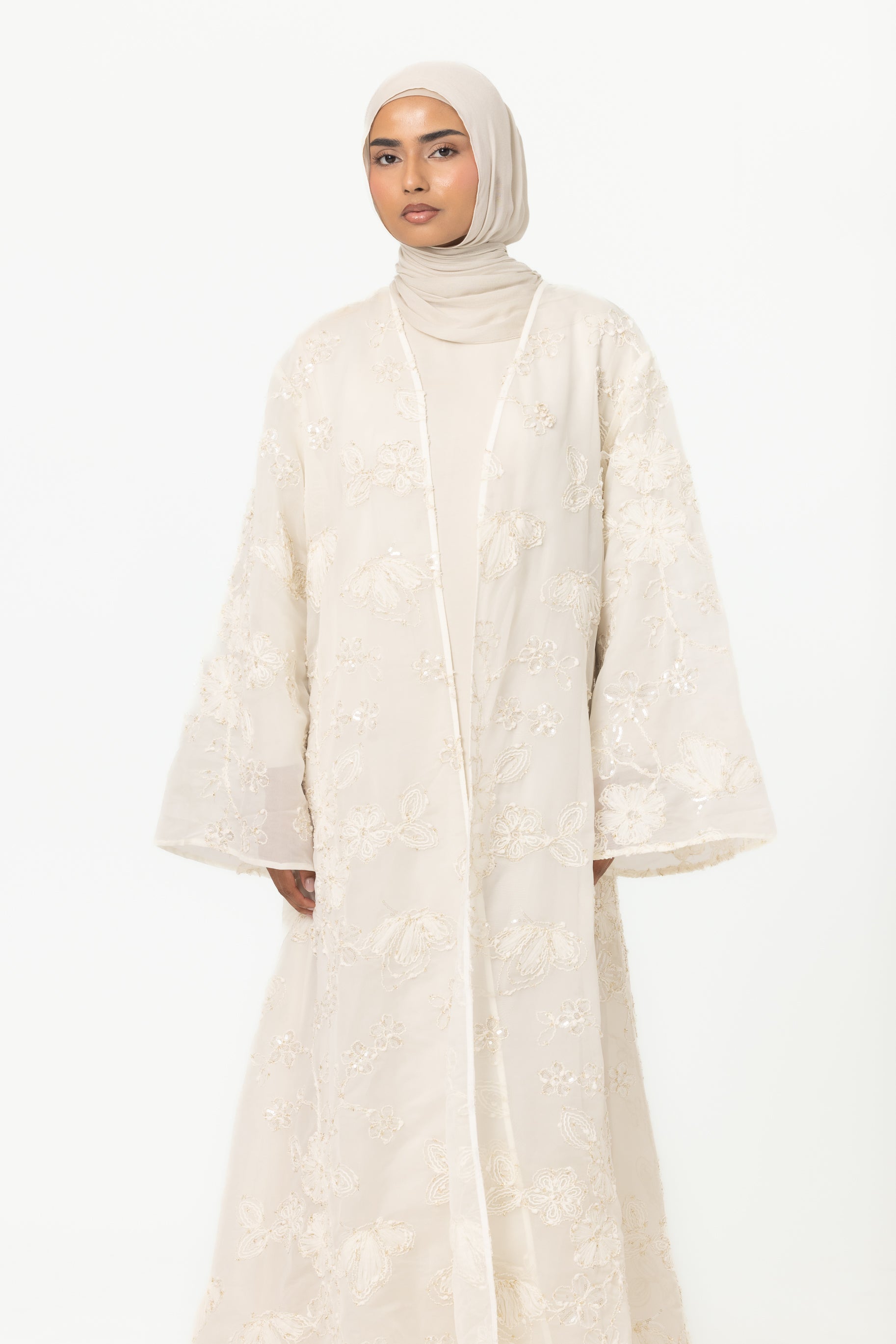 Sheer Embroidered Abaya - White
