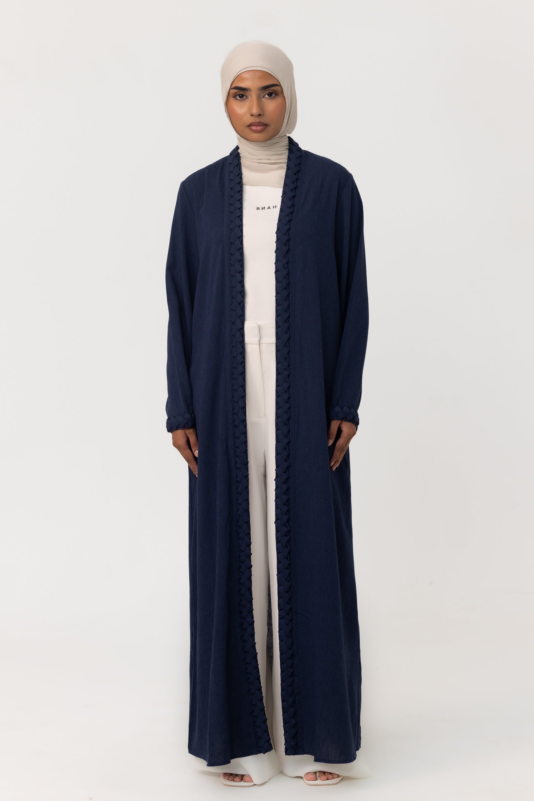 Braided Open Abaya - Navy