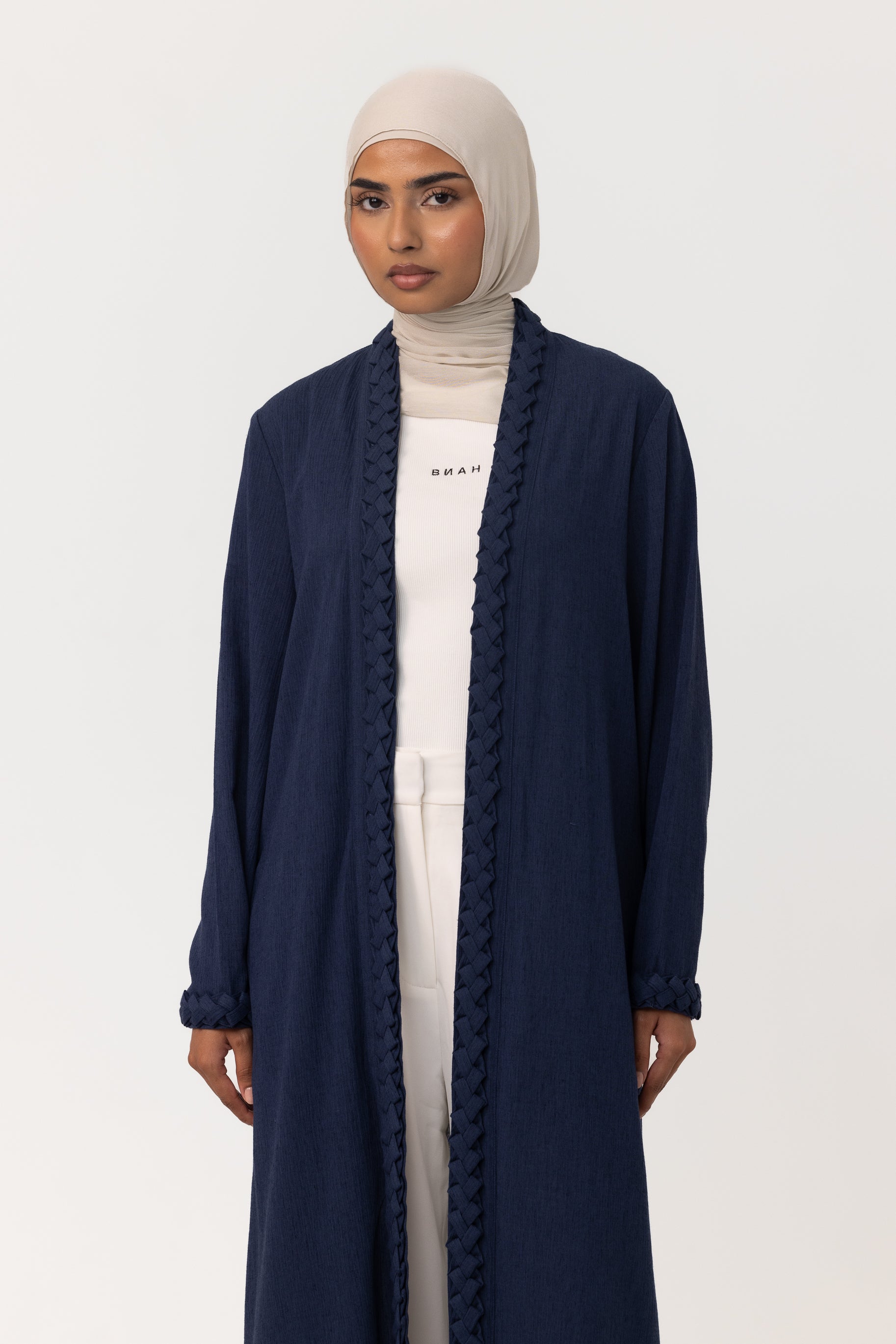 Braided Open Abaya - Navy