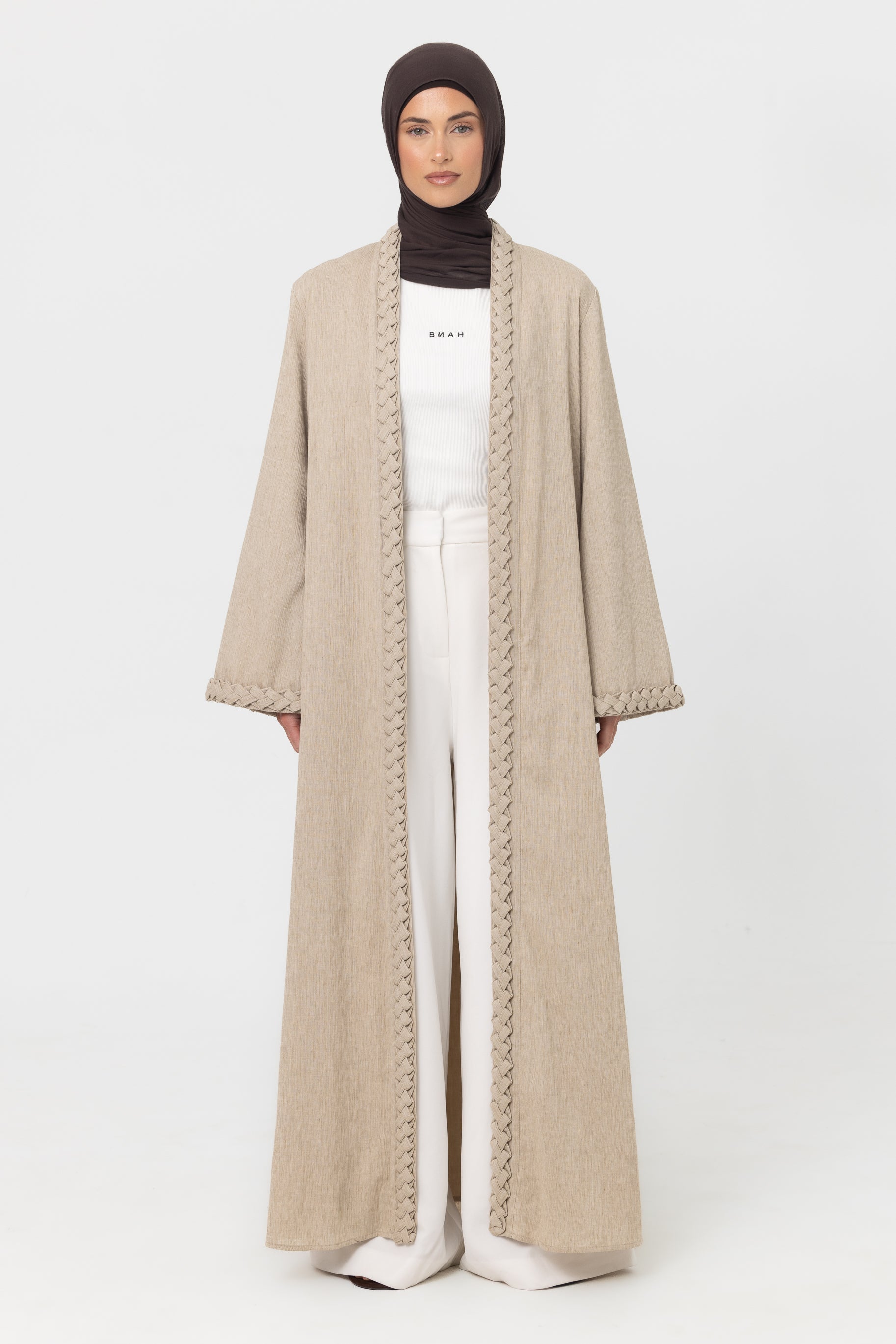 Braided Open Abaya - Linseed