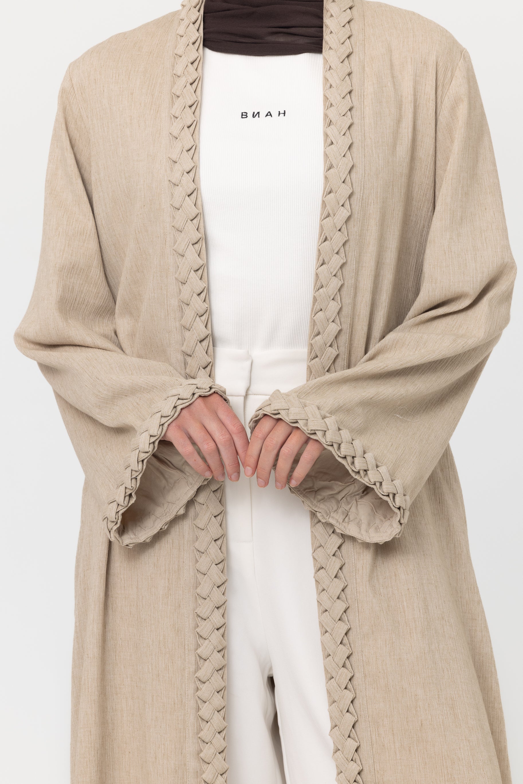 Braided Open Abaya - Linseed