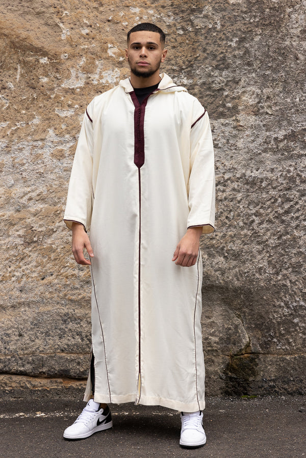 Moroccan Long Sleeve Winter Thobe - Off White & Maroon