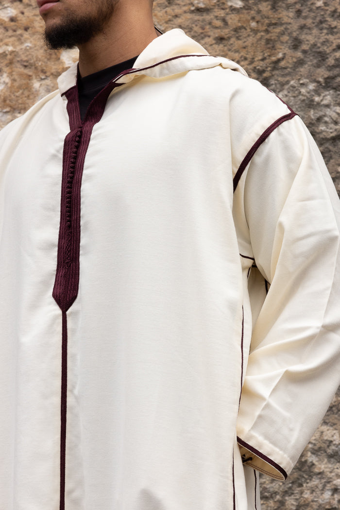 Moroccan Long Sleeve Winter Thobe - Off White & Maroon