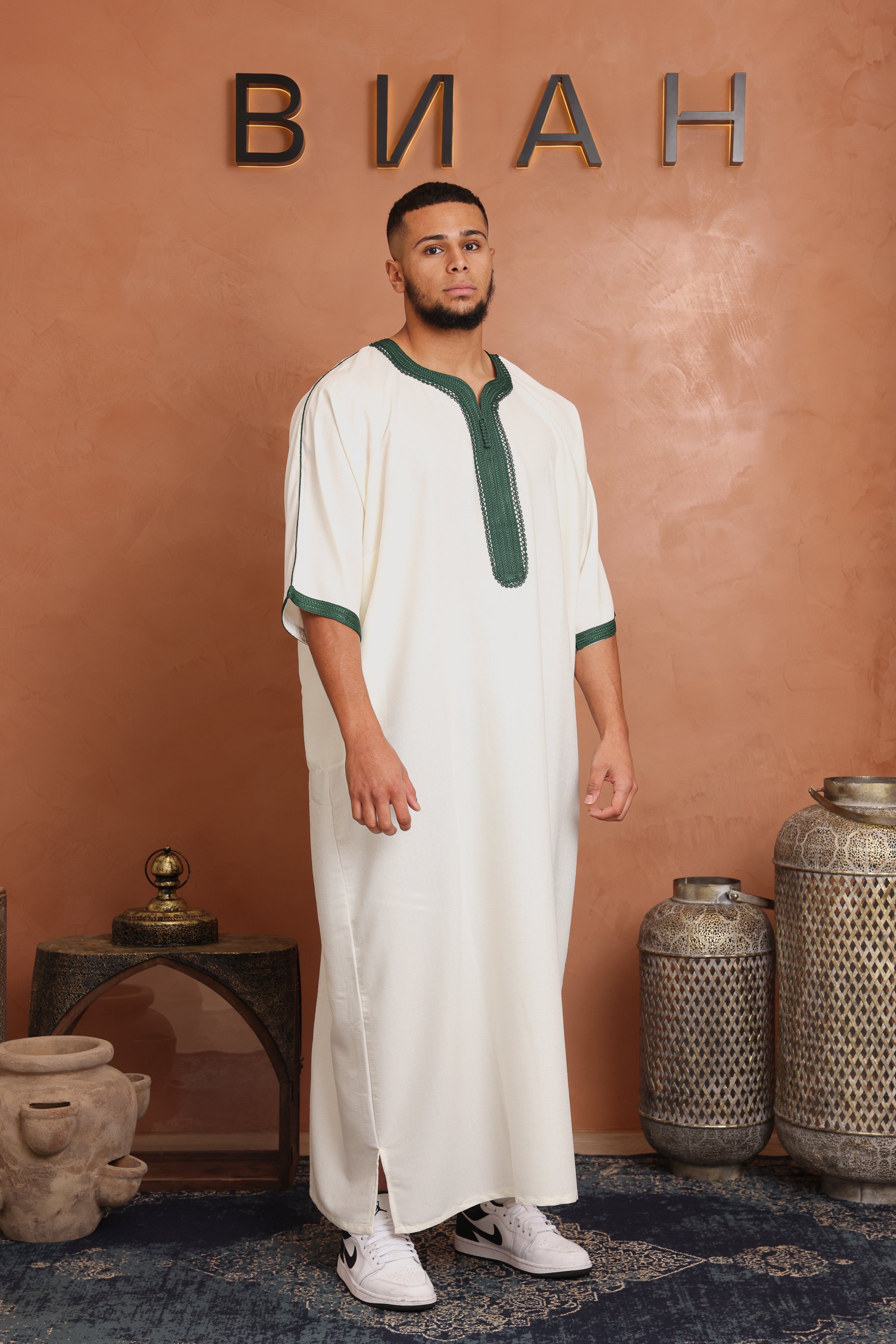 Linen Moroccan Thobe - White/Green