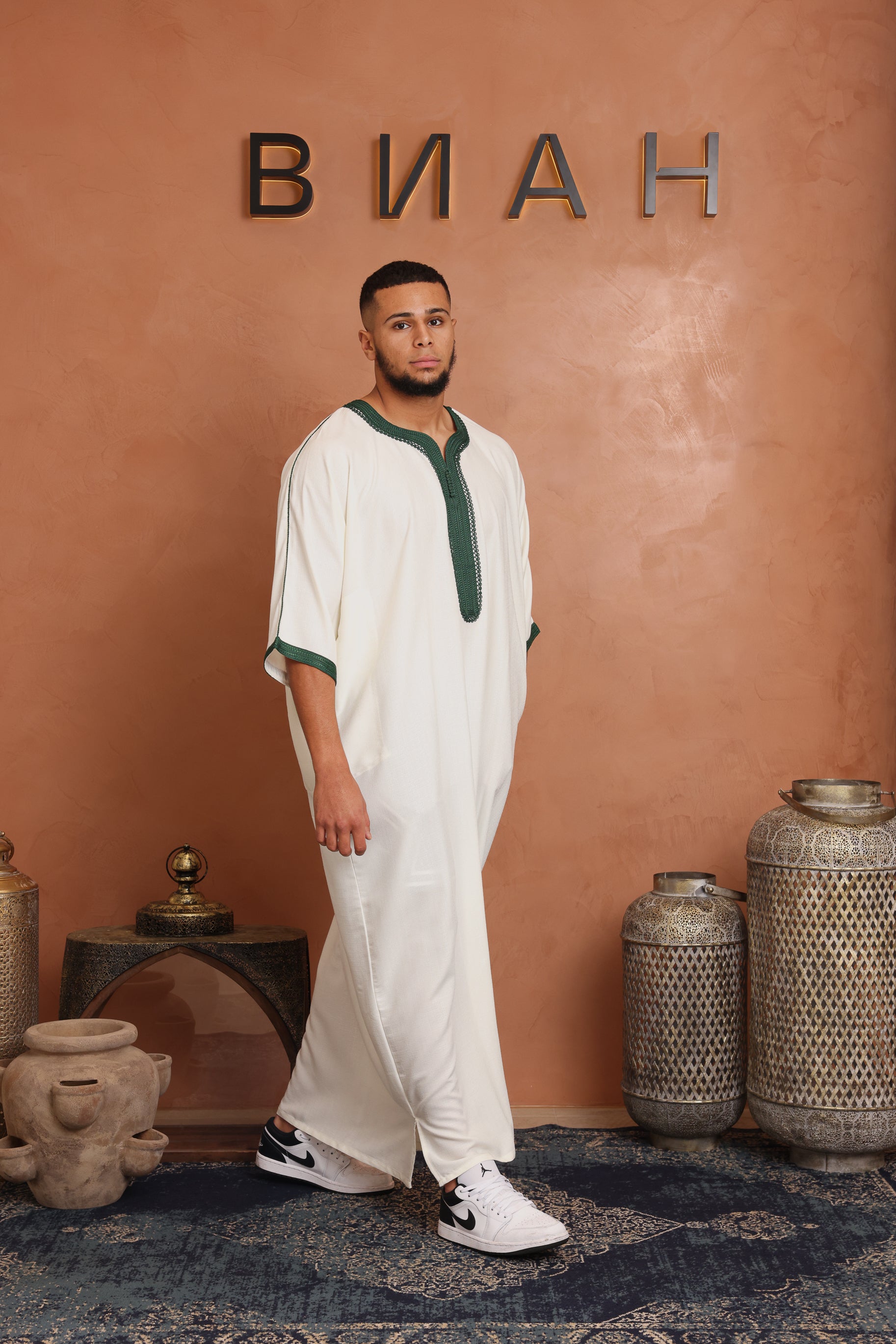 Linen Moroccan Thobe - White/Green