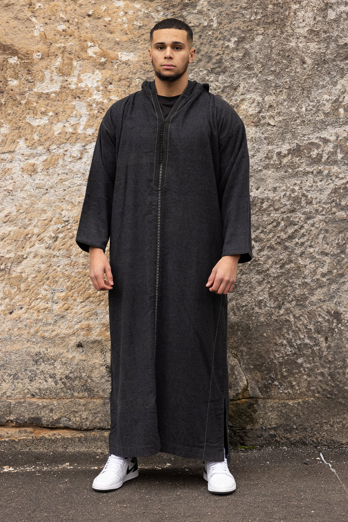 Moroccan Long Sleeve Winter Thobe - Black