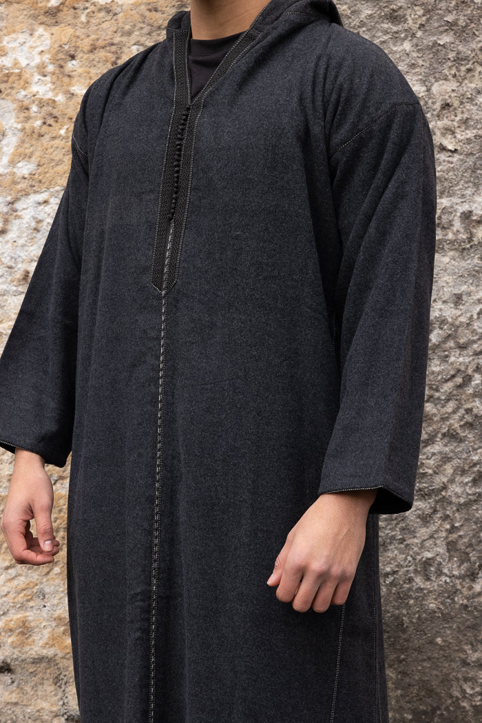 Moroccan Long Sleeve Winter Thobe - Black