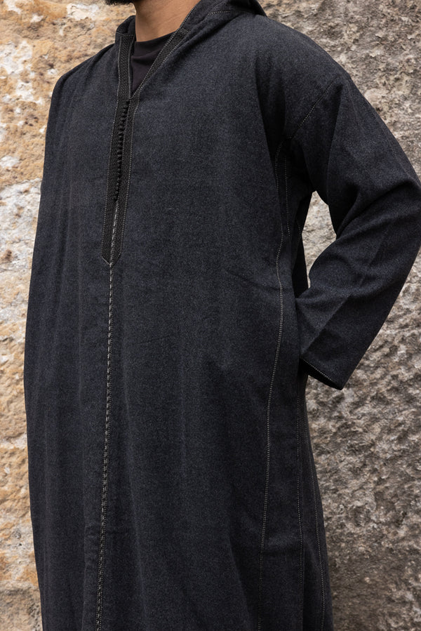 Moroccan Long Sleeve Winter Thobe - Black