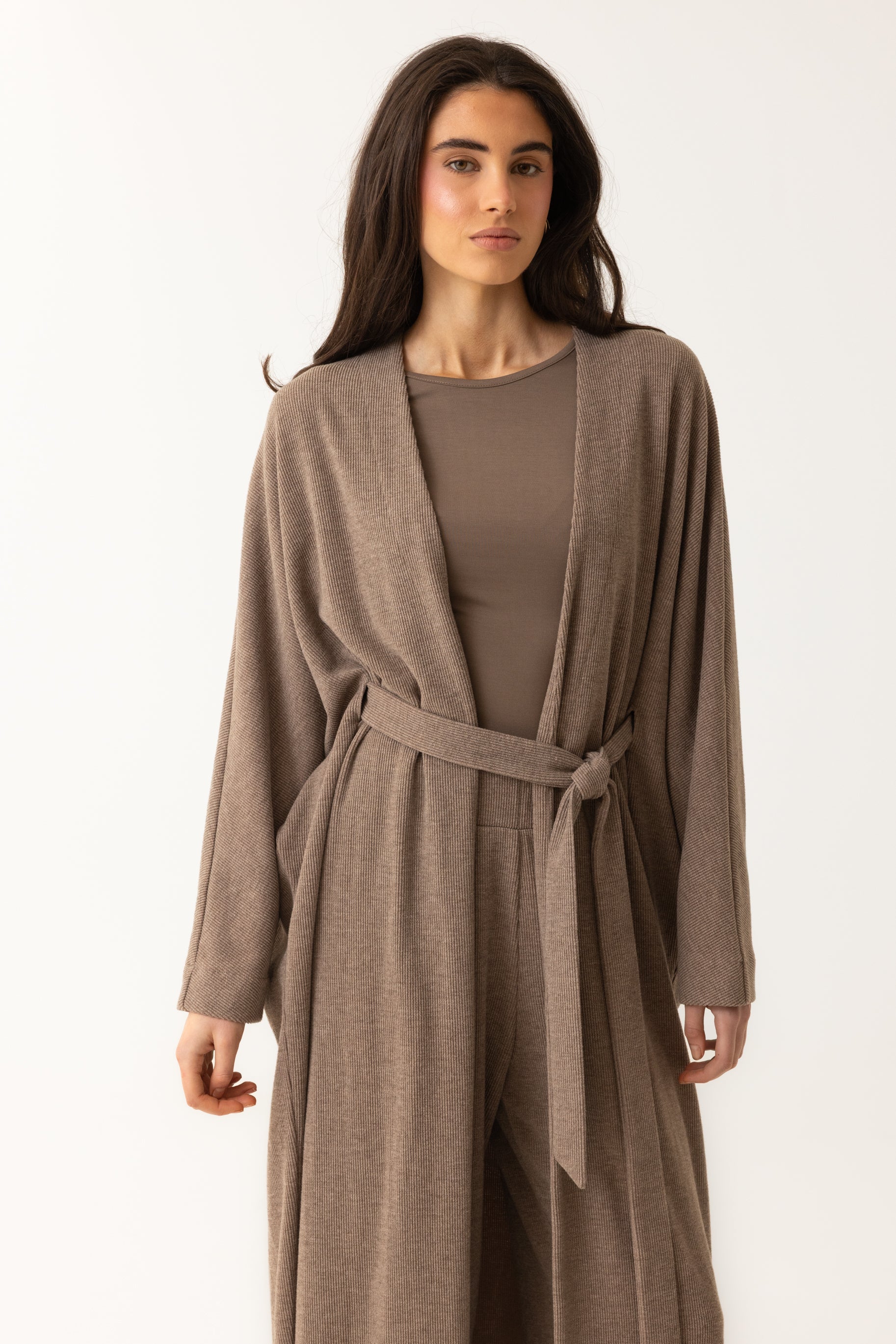 Rib Knit Batwing Abaya - Taupe