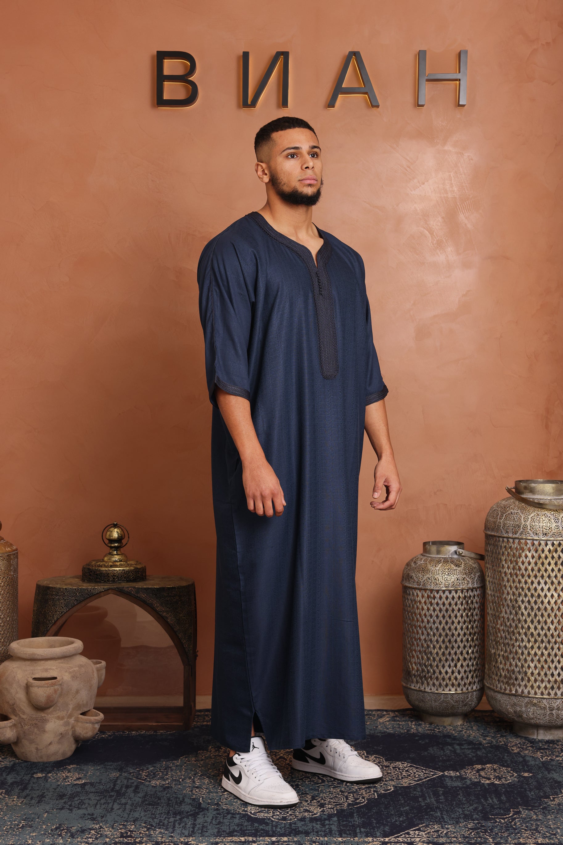 Linen Moroccan Thobe - Navy