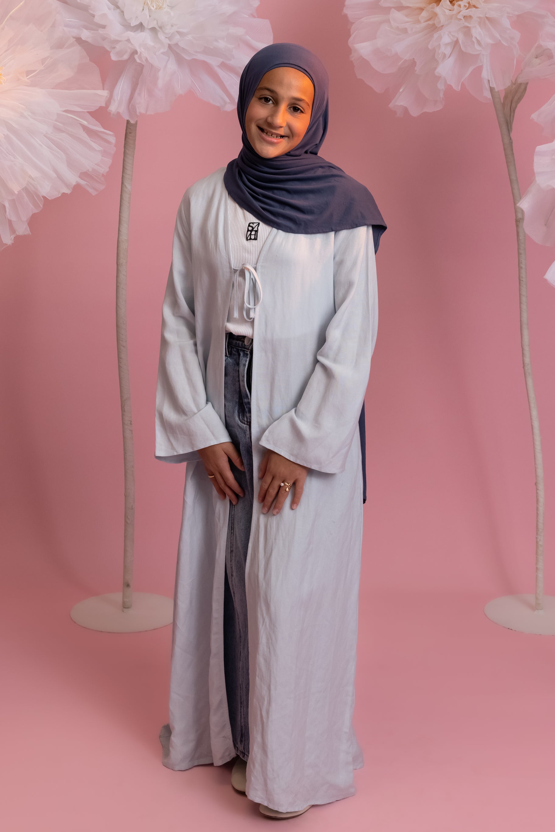 Girls Linen Tie Up Abaya - Blue