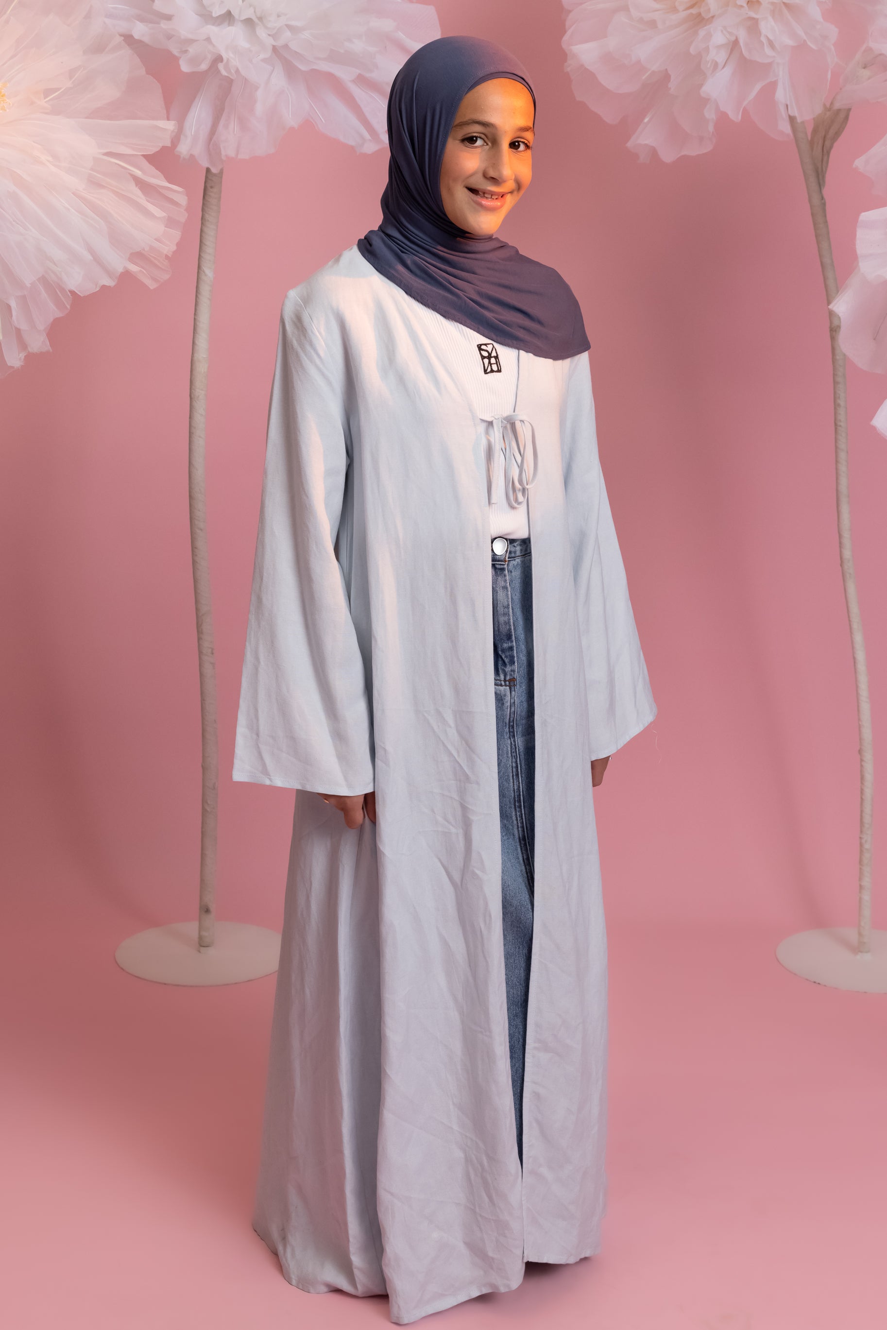 Girls Linen Tie Up Abaya - Blue
