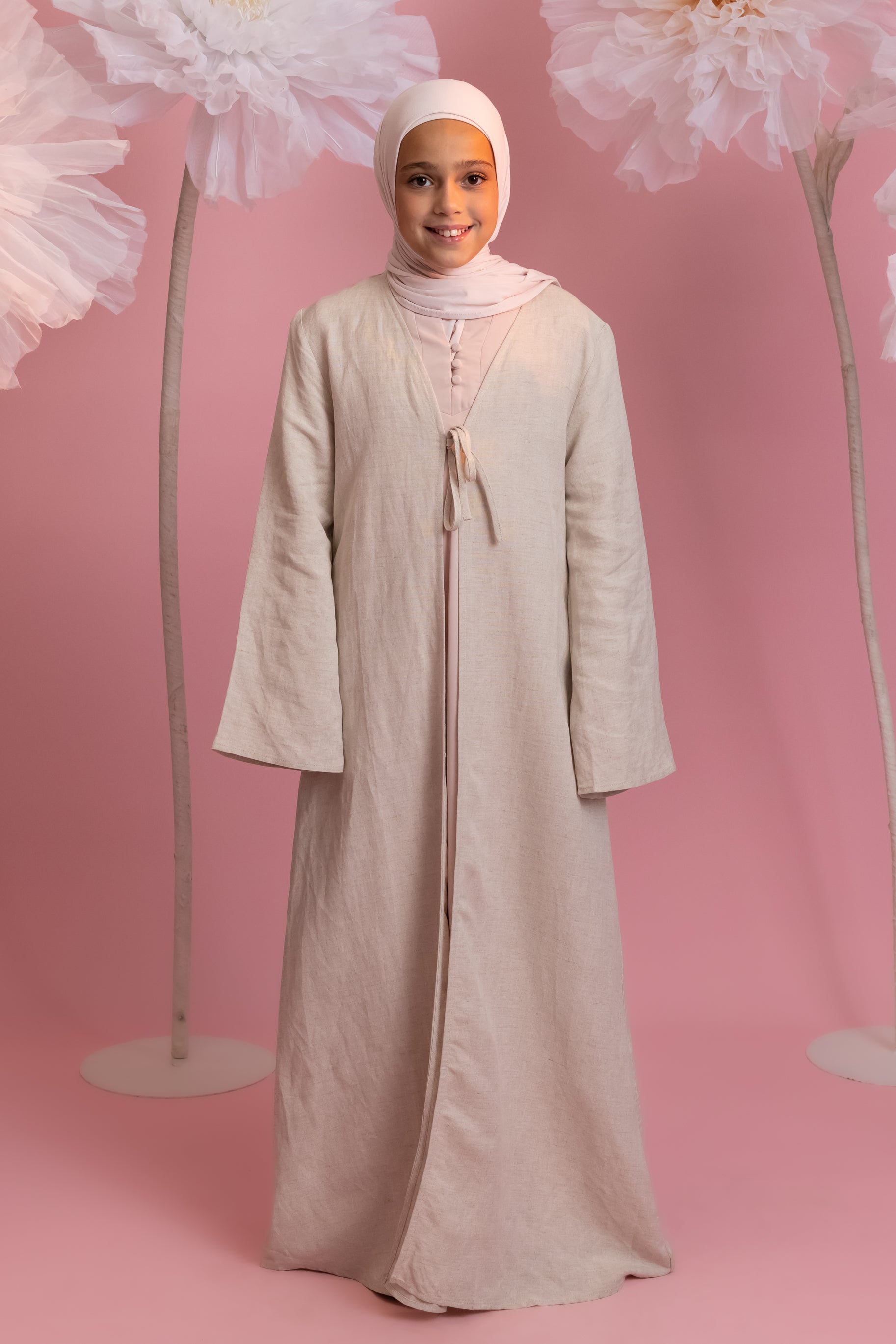 Girls Linen Tie Up Abaya - Natural