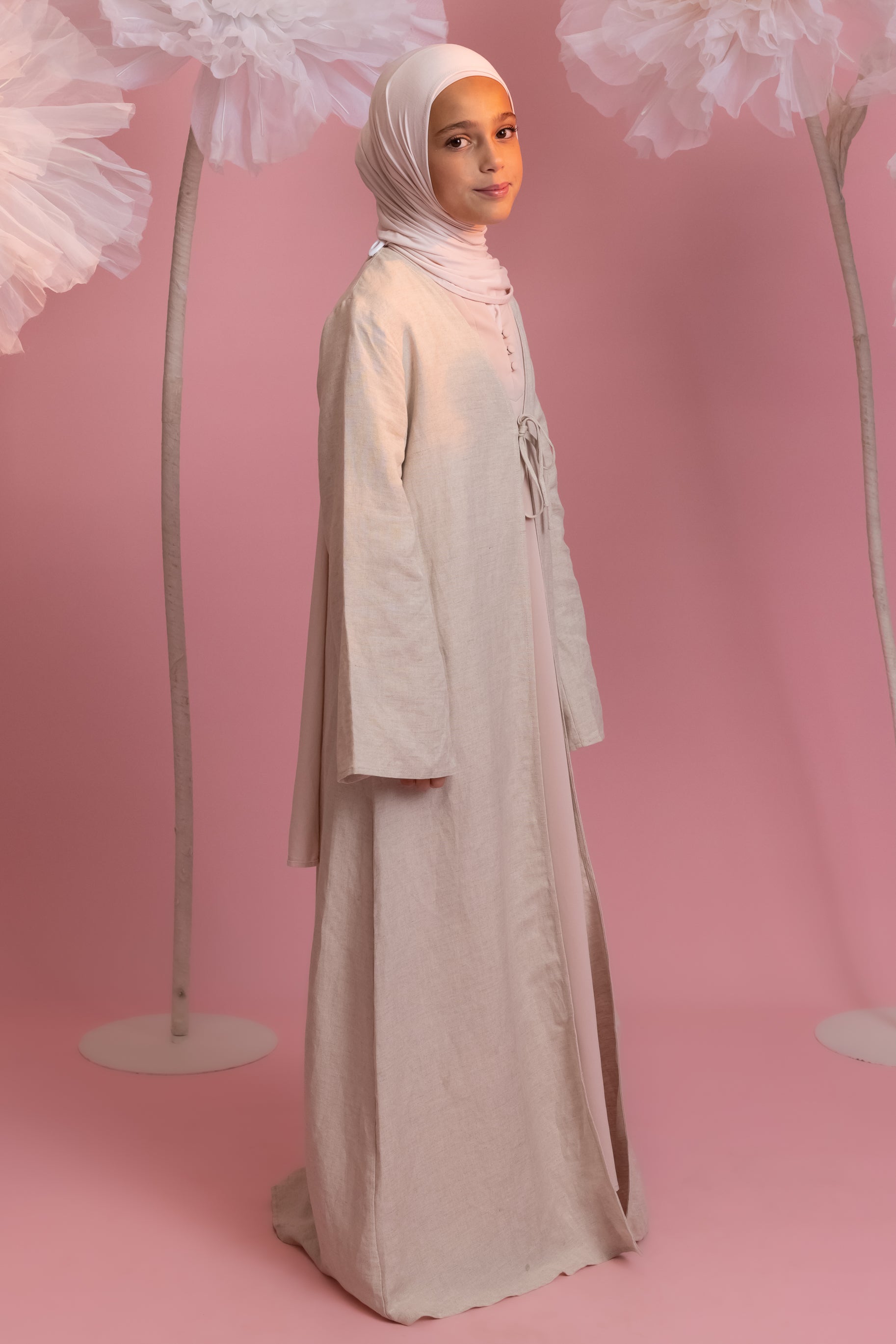 Girls Linen Tie Up Abaya - Natural