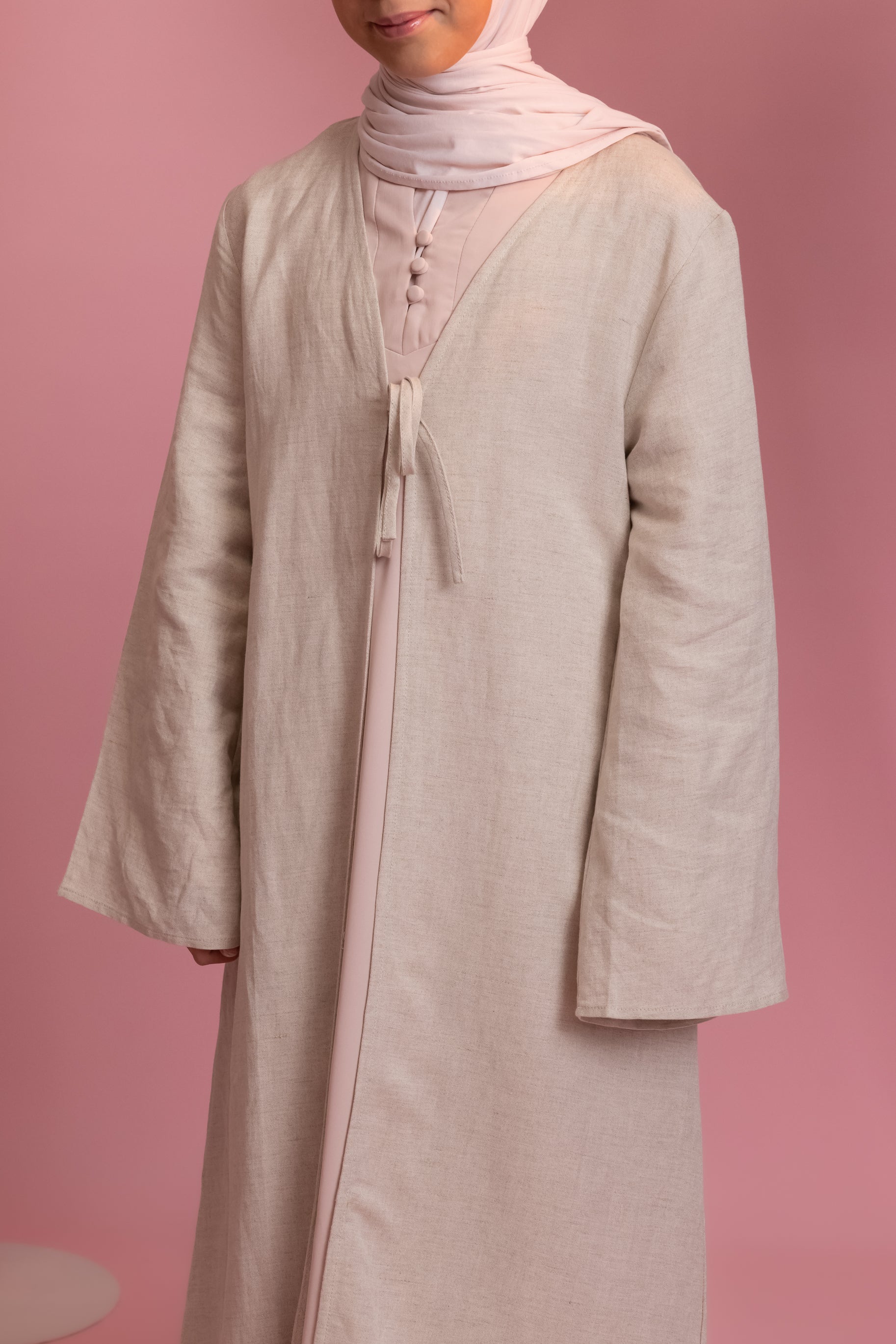 Girls Linen Tie Up Abaya - Natural