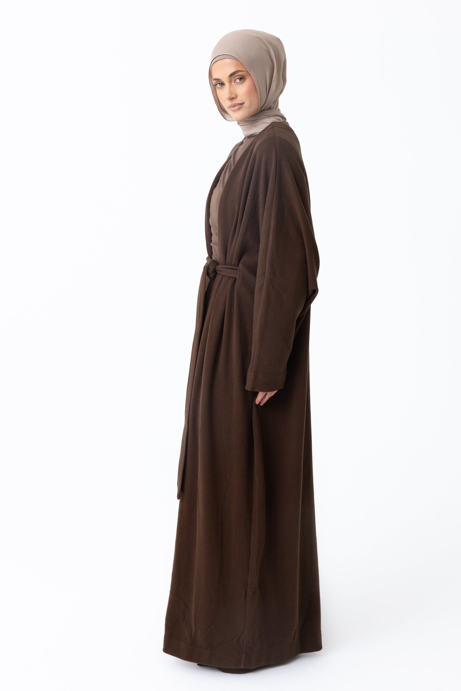Rib Knit Batwing Abaya - Coffee