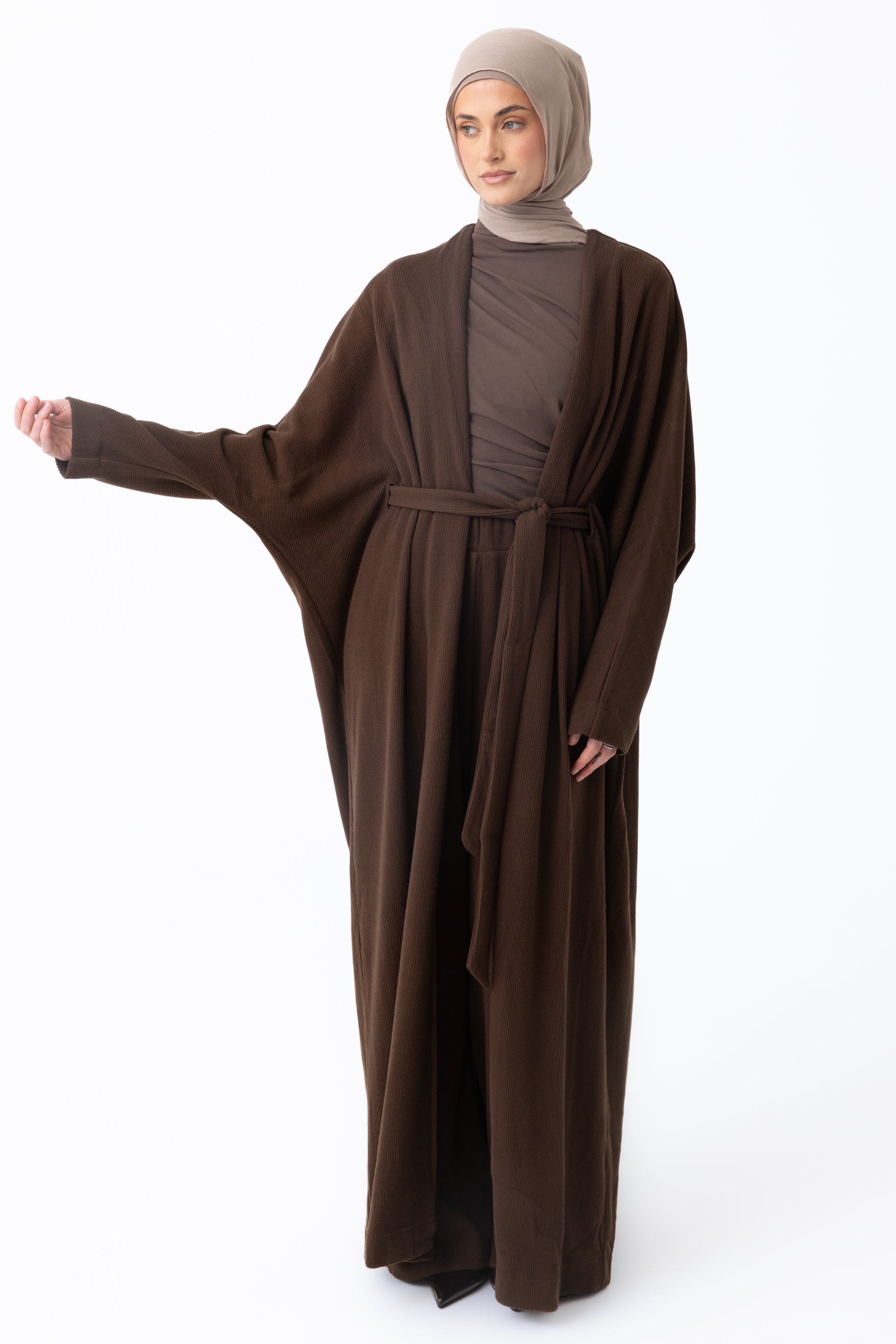 Rib Knit Batwing Abaya - Coffee