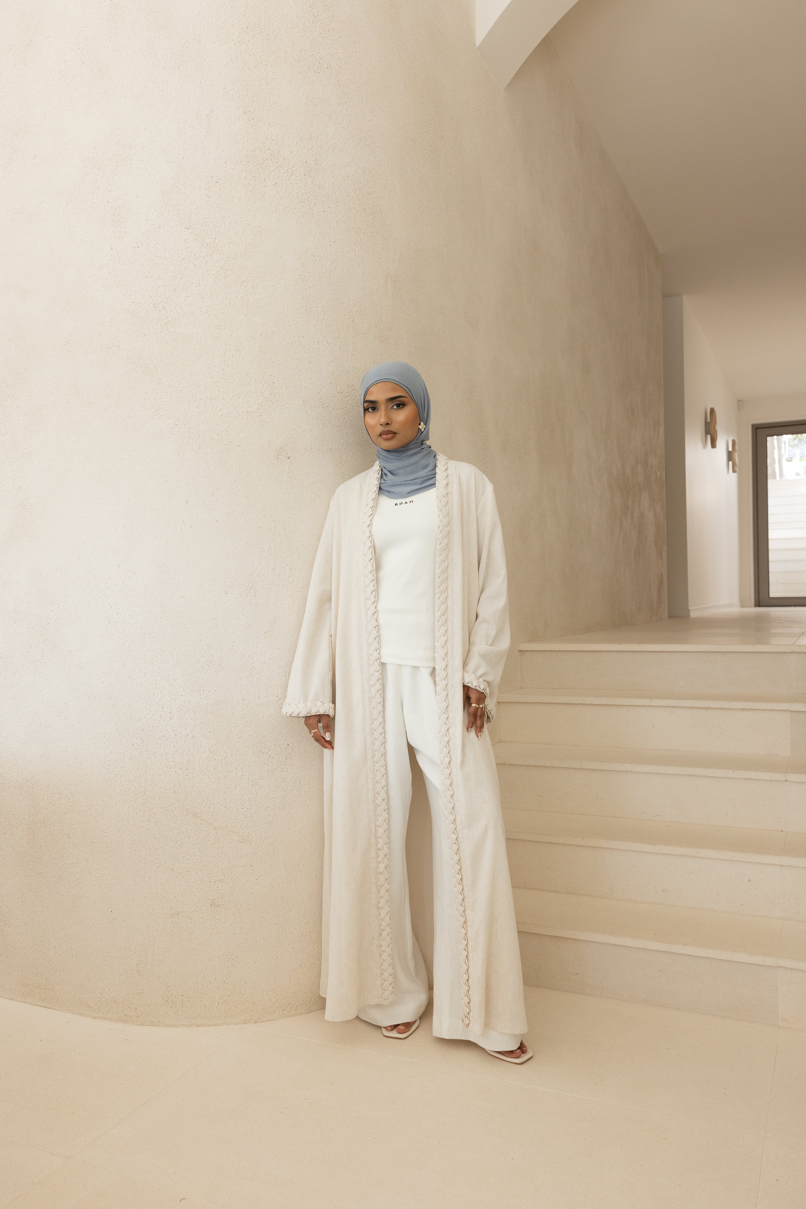 Braided Open Abaya - Oat