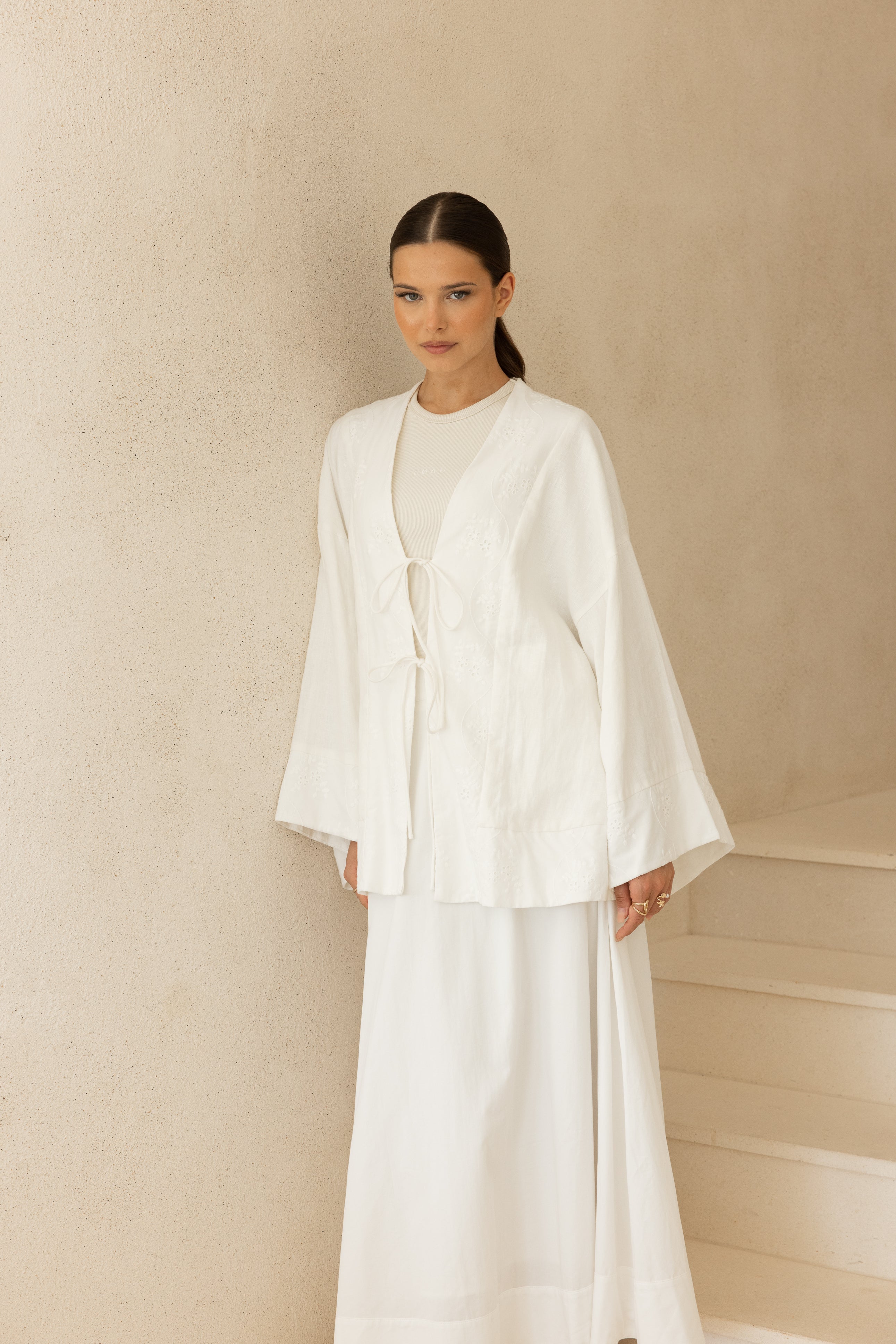 Linen Embroidered Kimono - Vanilla