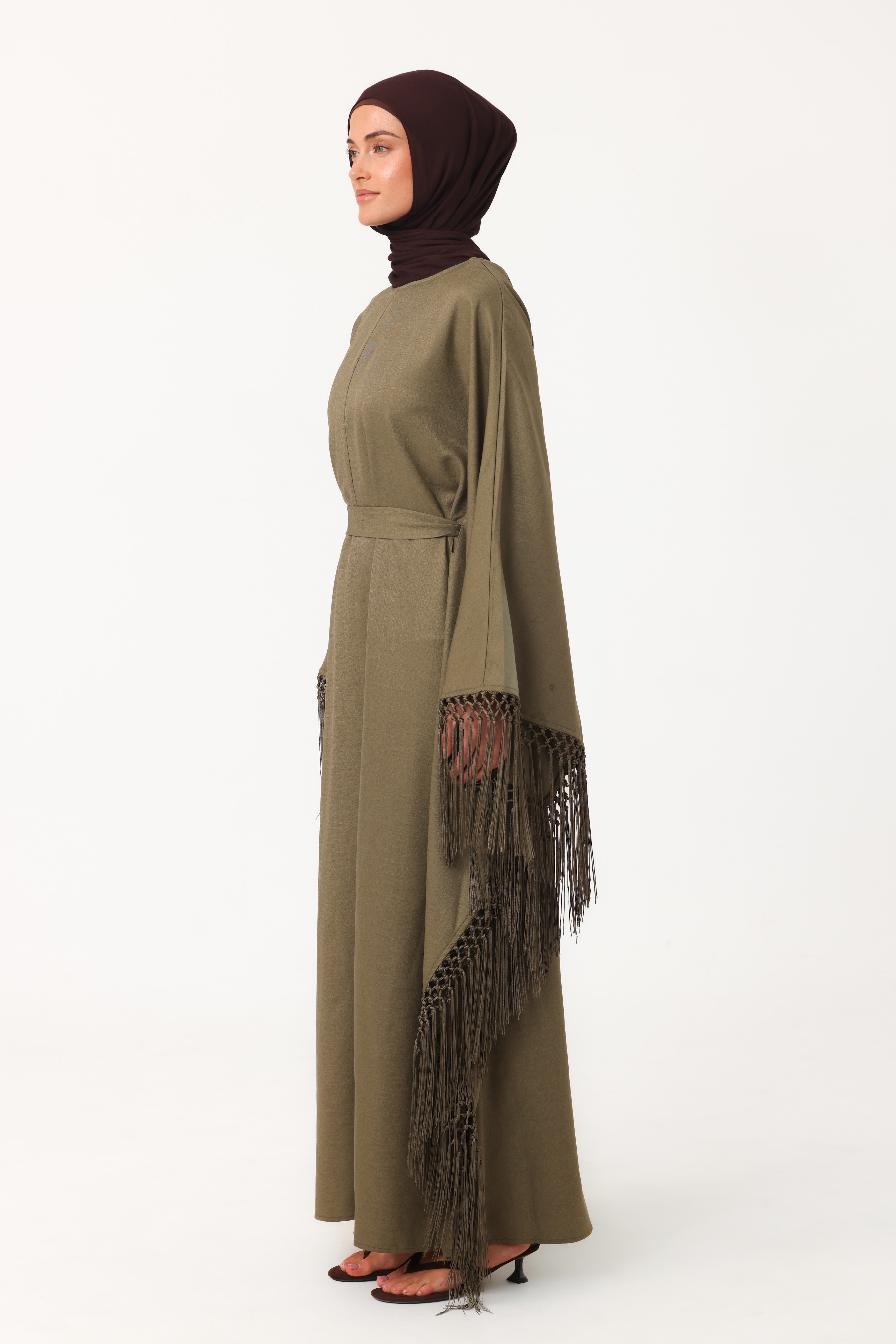 Fringed Batwing Abaya - Dark Olive