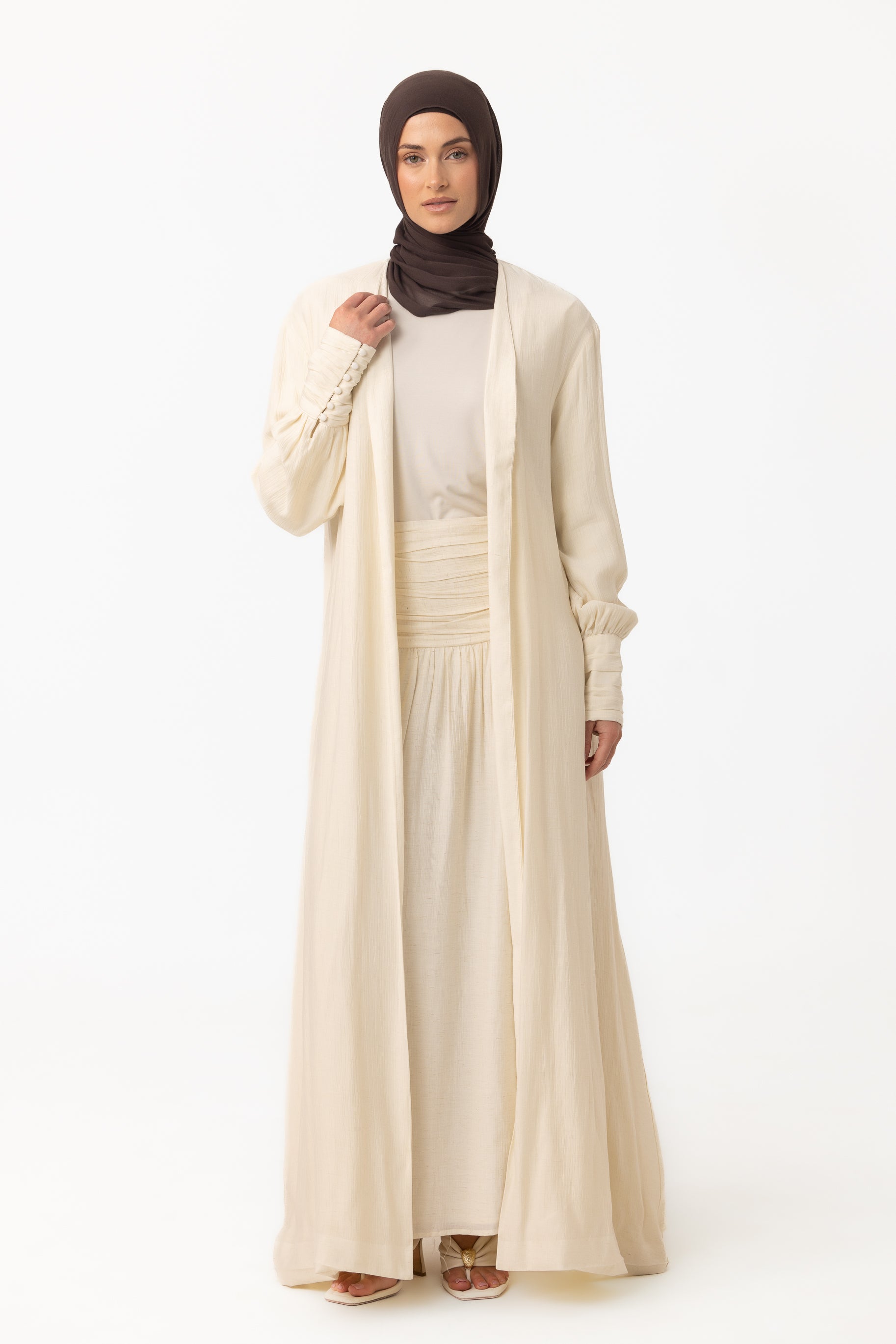 Noelle Ruched Open Abaya - Pearl