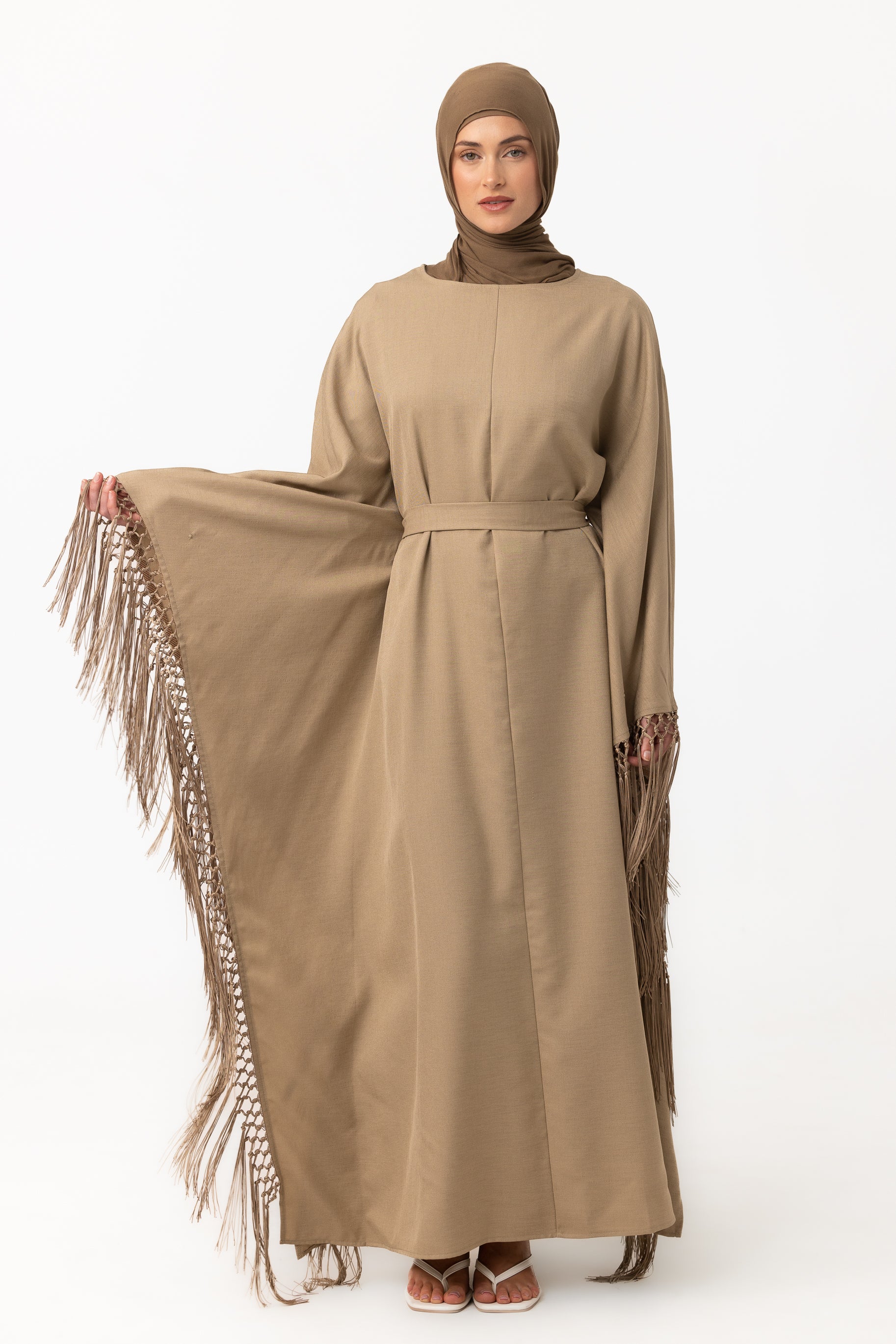 Fringed Batwing Abaya - Mushroom Brown