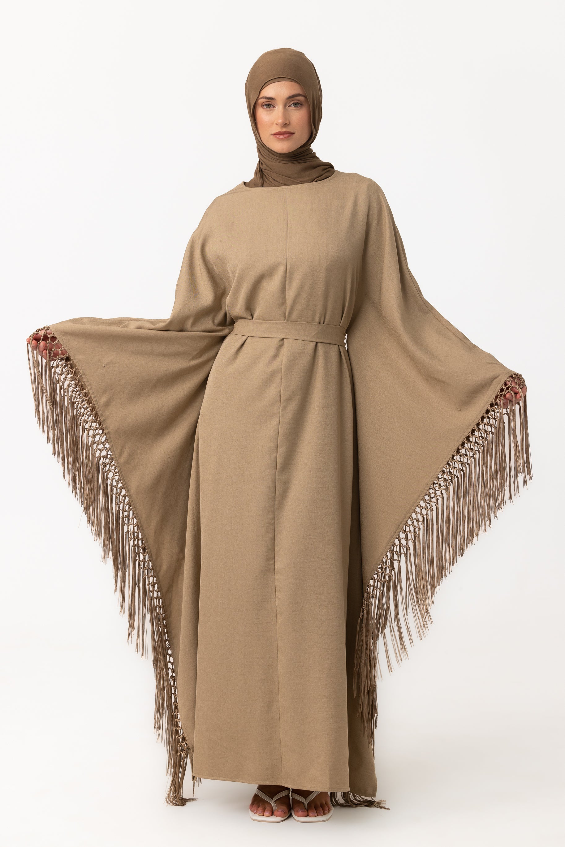 Fringed Batwing Abaya - Mushroom Brown