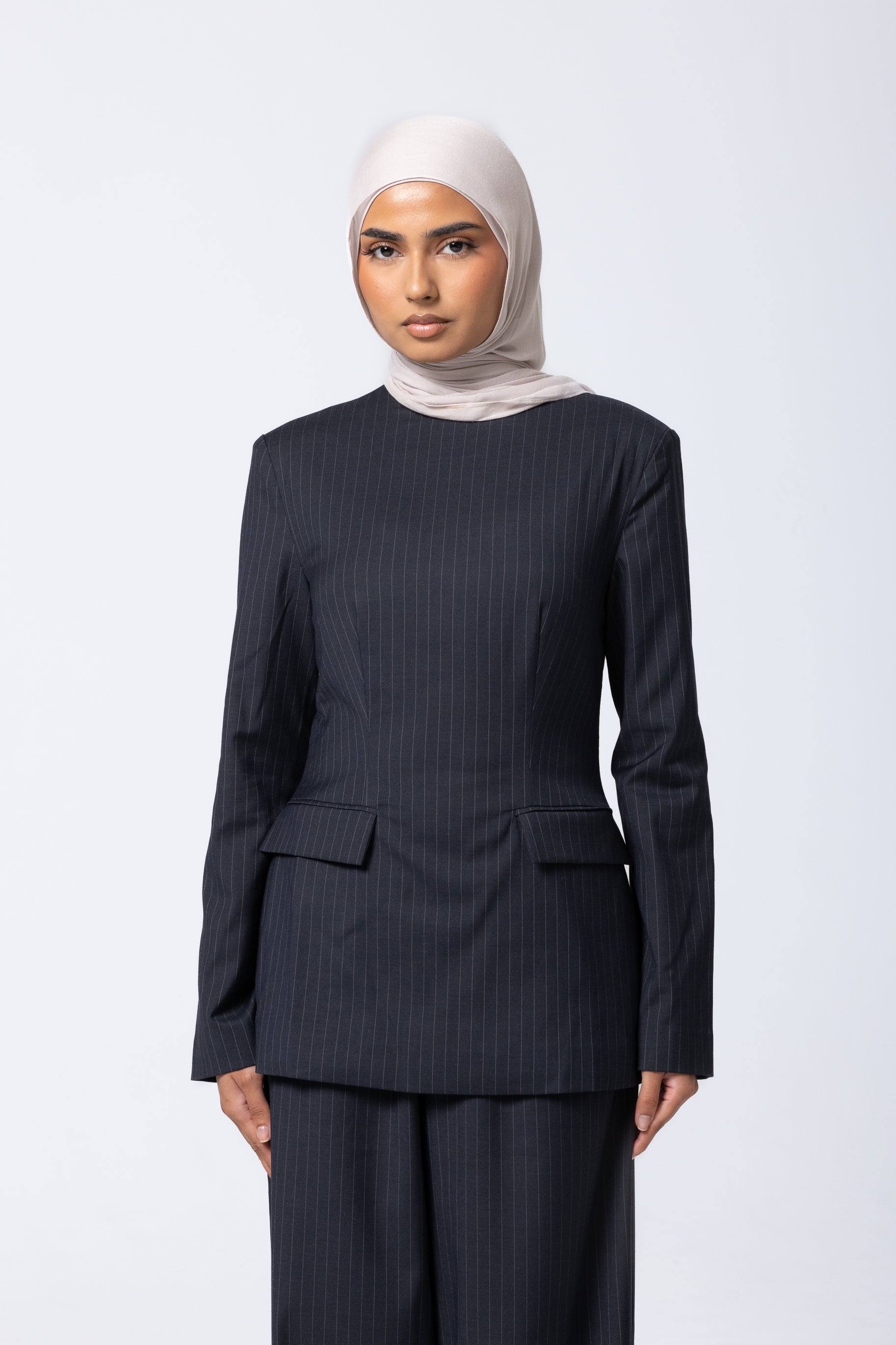 Tailored Pinstripe Top - Midnight Blue