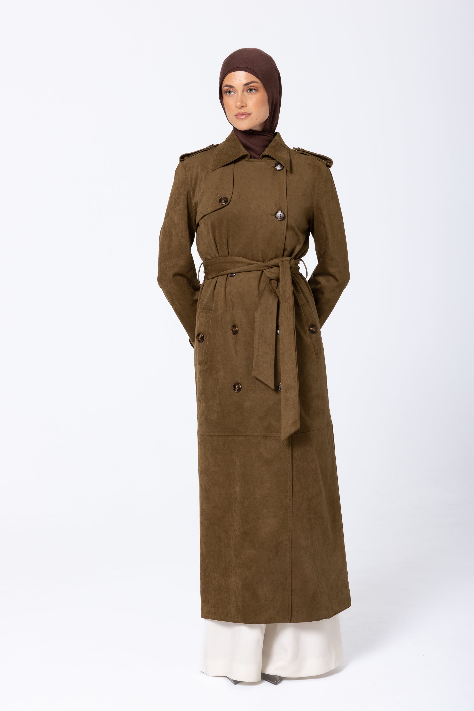 Soraya Suede Trench Coat - Olive