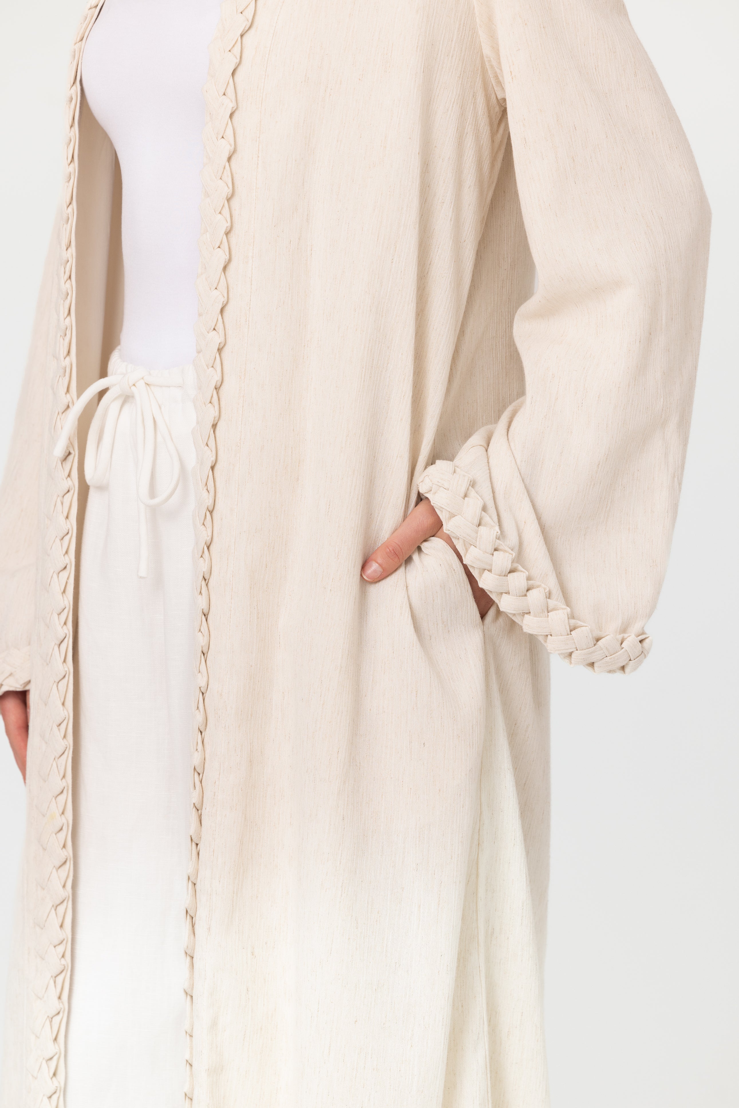 Braided Open Abaya - Oat
