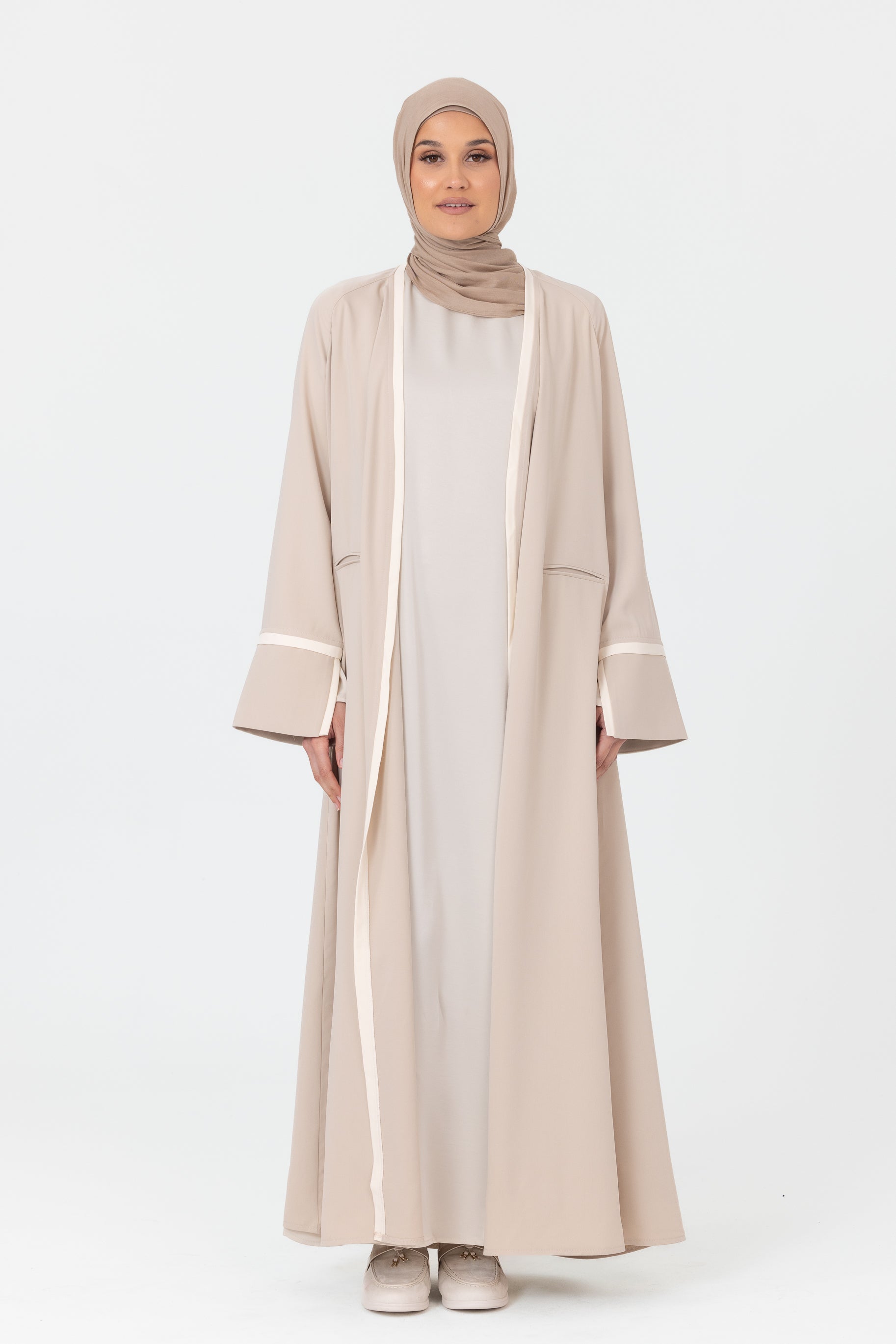 Leila Contrast Open Abaya - Stone